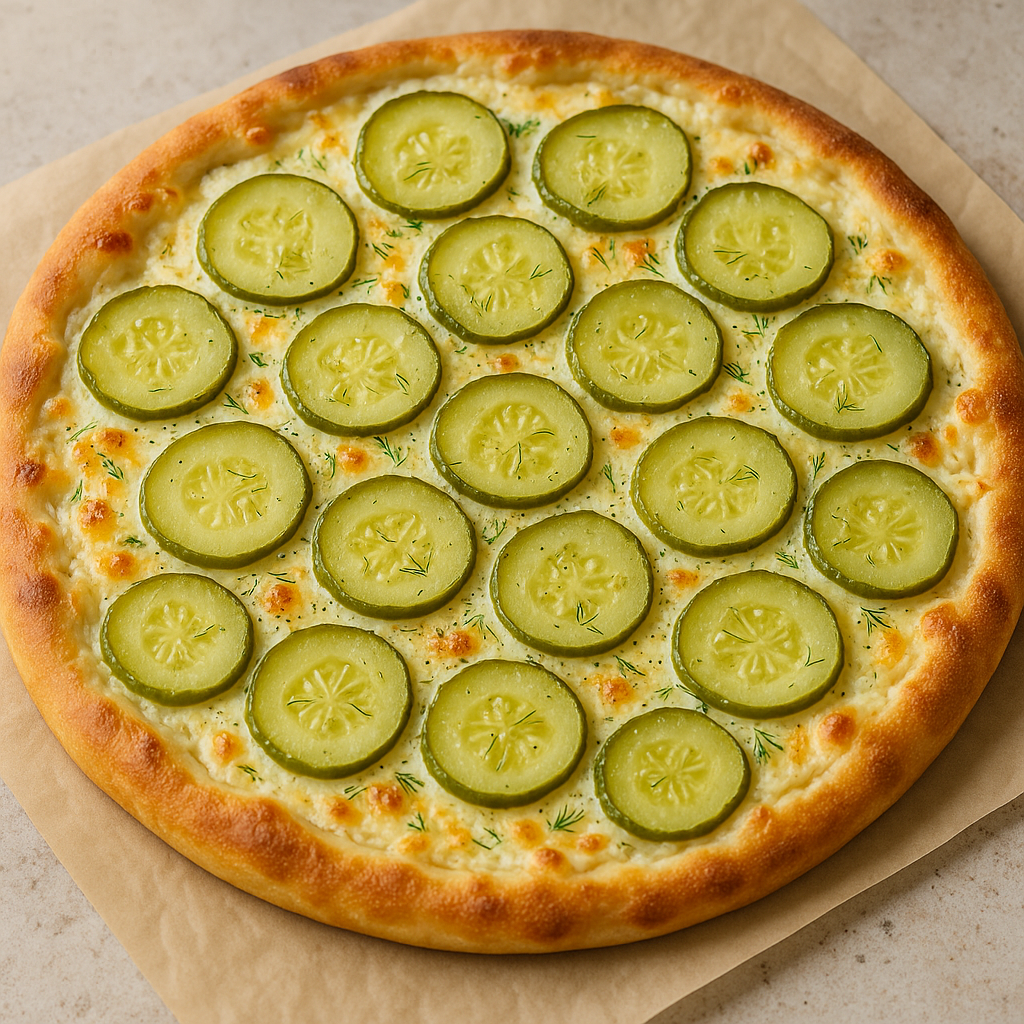 Creamy dill pickle pizza with fresh dill on a pizza peel