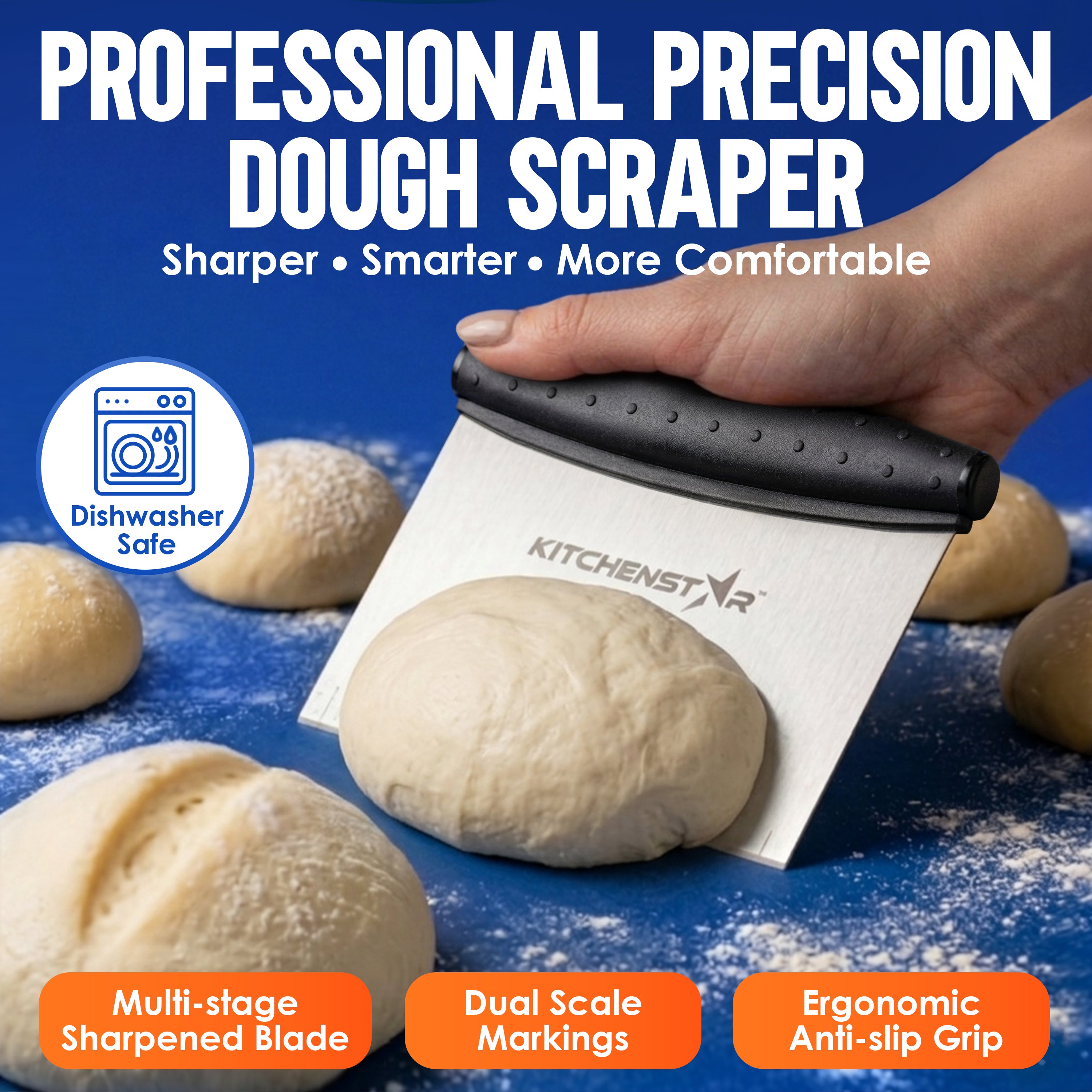 KitchenStar 6-inch Bench Dough Pastry Scraper with Measurement Markings & Ergonomic Handle - Multipurpose Sharp Cutter Tool for Bread, Pizza & Vegetables - Stainless Steel Bench Knife, Dishwasher Safe