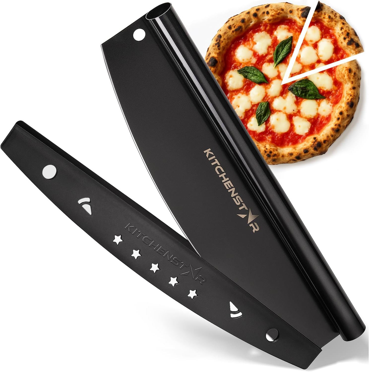 14" Black Non-Stick Pizza Cutter by KitchenStar | Sharp Stainless Steel Slicer Knife - Rocker Style w Blade Cover | Chop and Slices Perfect Portions + Dishwasher Safe – Premium Pizza Oven Accessories