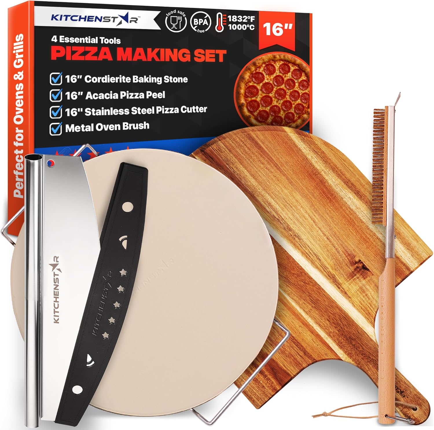 16" Pizza Making Kit (Set of 4 Tools) - Pizza Stone with SS Rack, Acacia Wood Pizza Peel, Stainless Steel Pizza Cutter Rocker w Protective Cover, Metal Brush w Scraper, Oven & Grill Accessories