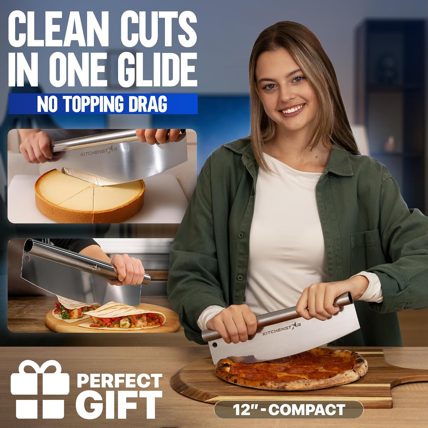 Pizza Cutter Rocker 12 inch by KitchenStar - Super Sharp Stainless Steel Slicer Knife with Hanging Hole & Protective Blade Cover (Silver) - Fast and Easy Slicing, Dishwasher Safe