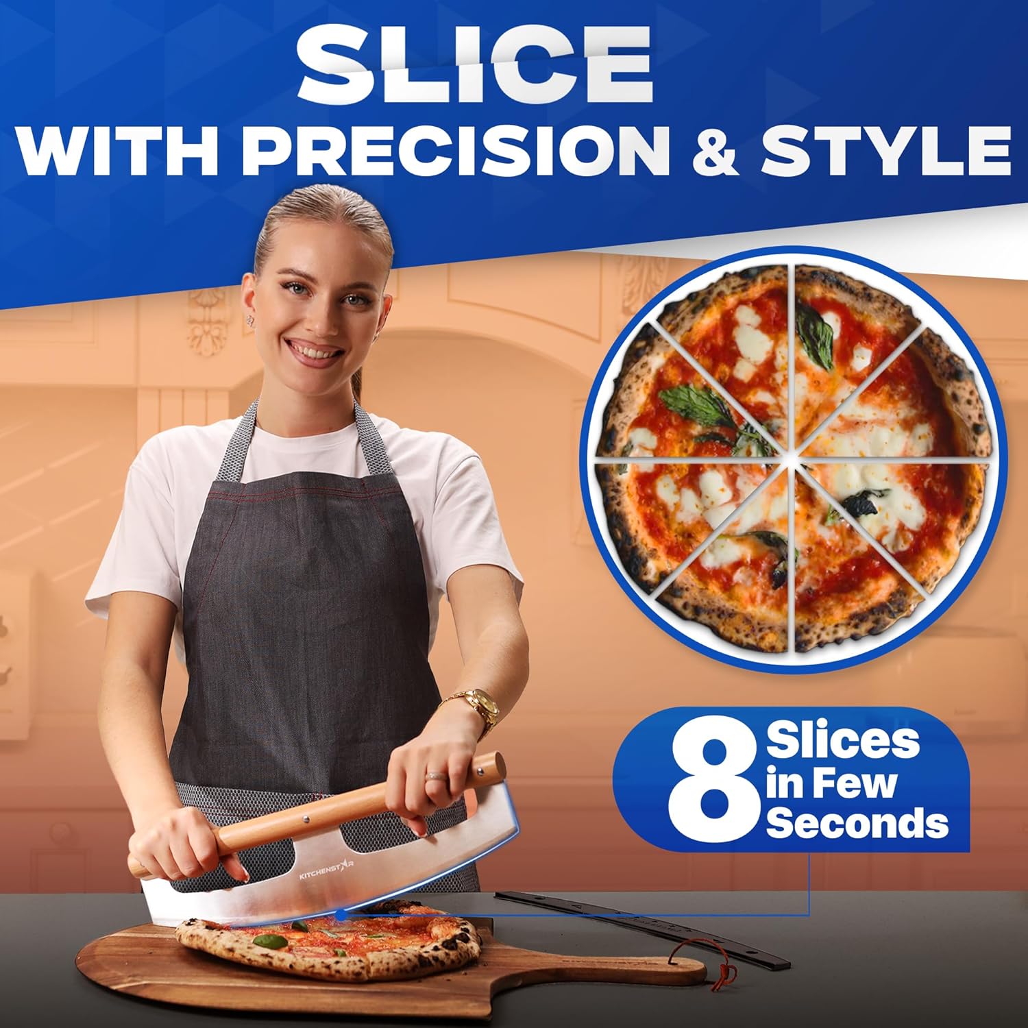 KitchenStar 16" Pizza Cutter Rocker Razor Sharp Stainless Steel Slicer Knife w Wooden Handle & Blade Cover, Silver - Premium Pizza Oven Accessories