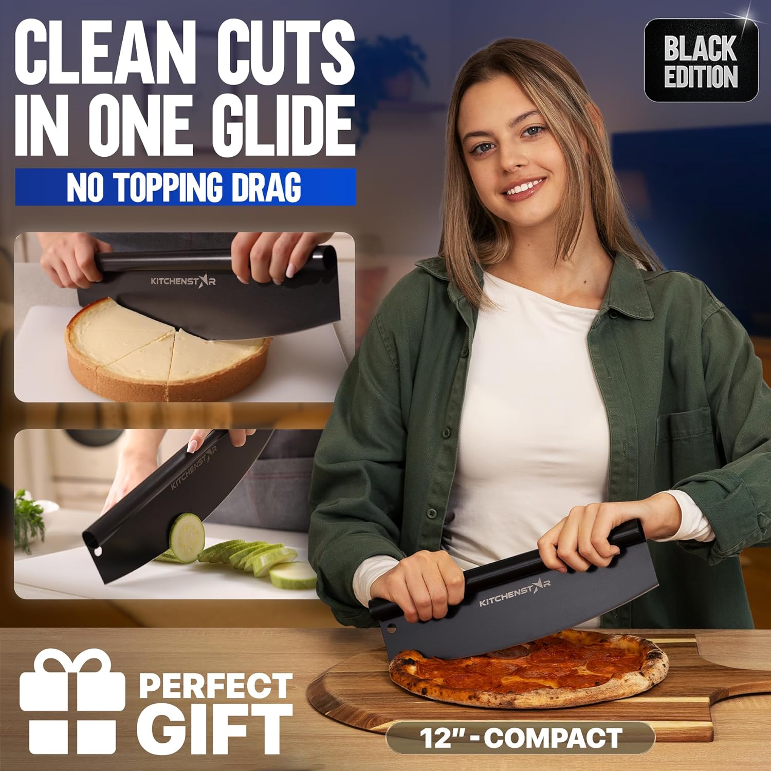 KitchenStar Pizza Cutter Rocker 12 inch - Stainless Steel Pizza Slicer Knife - Black NonStick Sharp Knife with Blade Cover - Pizza Making Tools & Oven Accessories - Dishwasher Safe