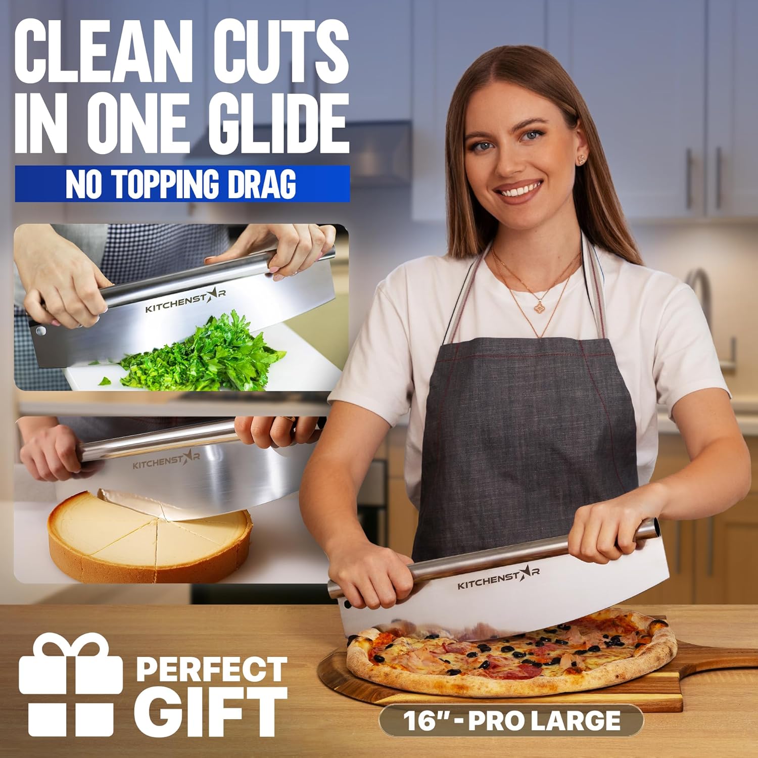 16" Pizza Cutter by KitchenStar | Sharp Stainless Steel Slicer Knife - Rocker Style w Blade Cover | Chop and Slices Perfect Portions + Dishwasher Safe - Premium Pizza Accessories