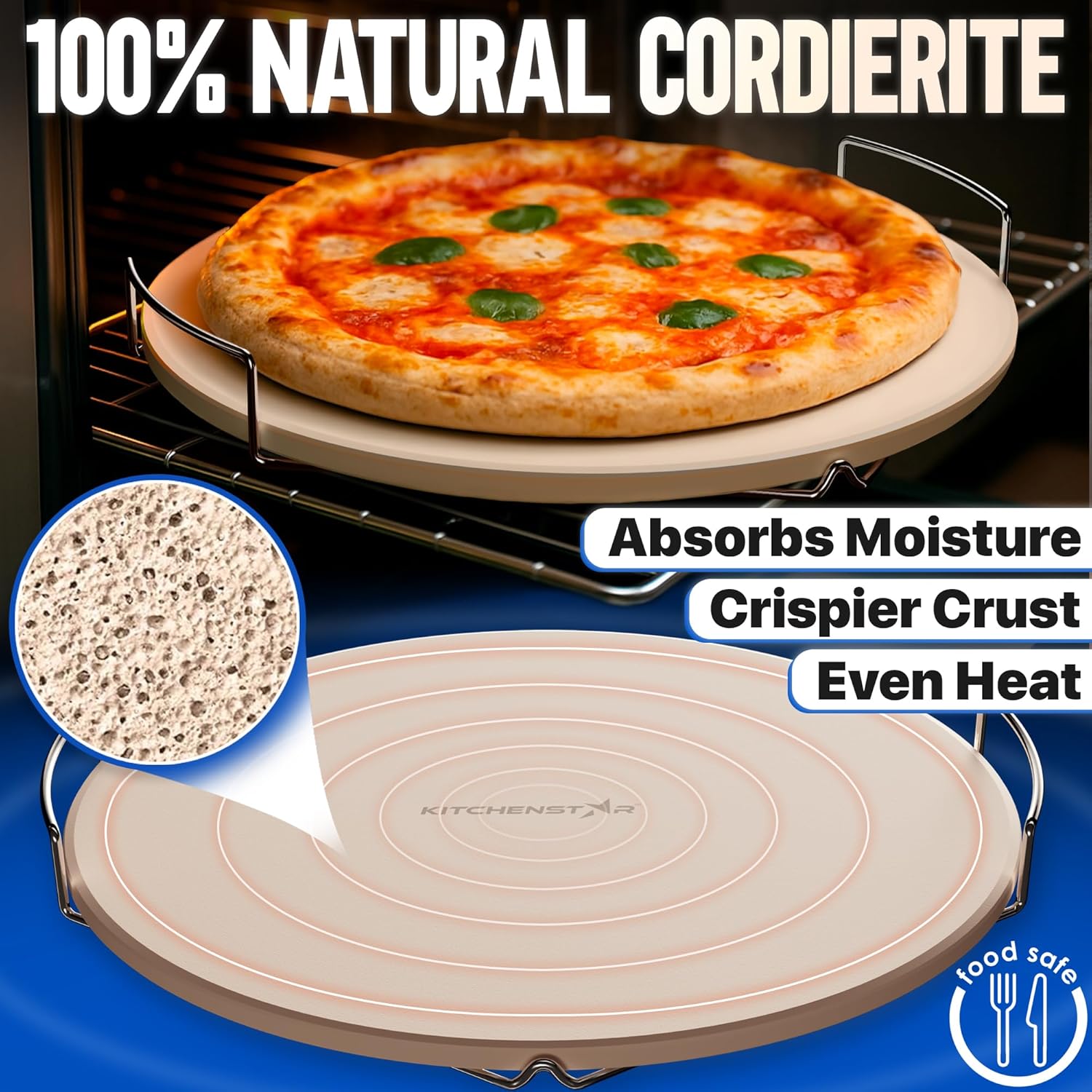 KitchenStar Pizza Stone for Oven 16 inch - Cordierite Baking Stone Set with Stainless Steel Rack and Plastic Scraper - Durable and High-Quality Ceramic Pizza Stones for Grill and Oven
