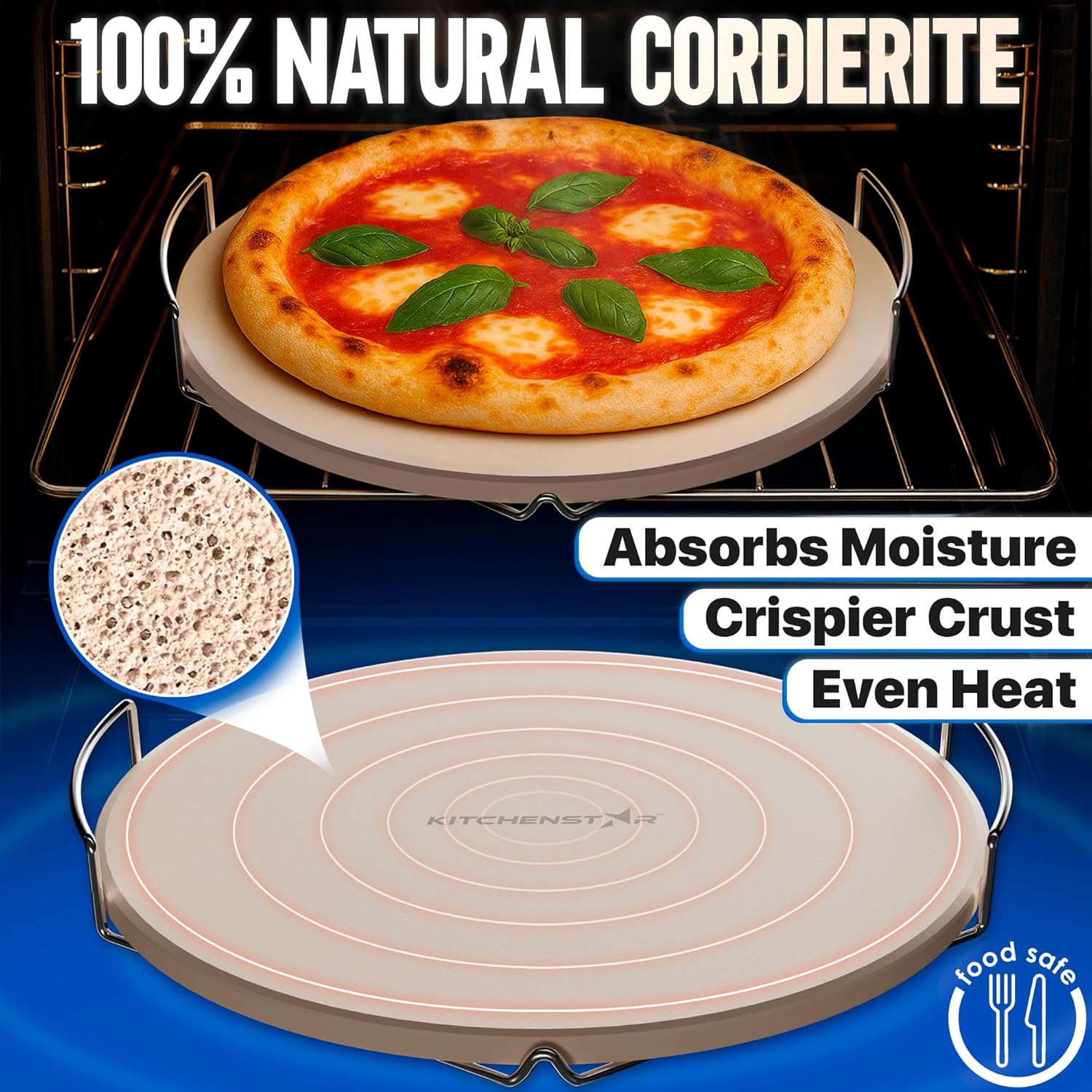Pizza Stone for Oven and Grill 12 inch - Cordierite Baking Stone Set with Stainless Steel Rack and Plastic Scraper - Durable and High-Quality Ceramic Pizza Stones for Grill and Oven