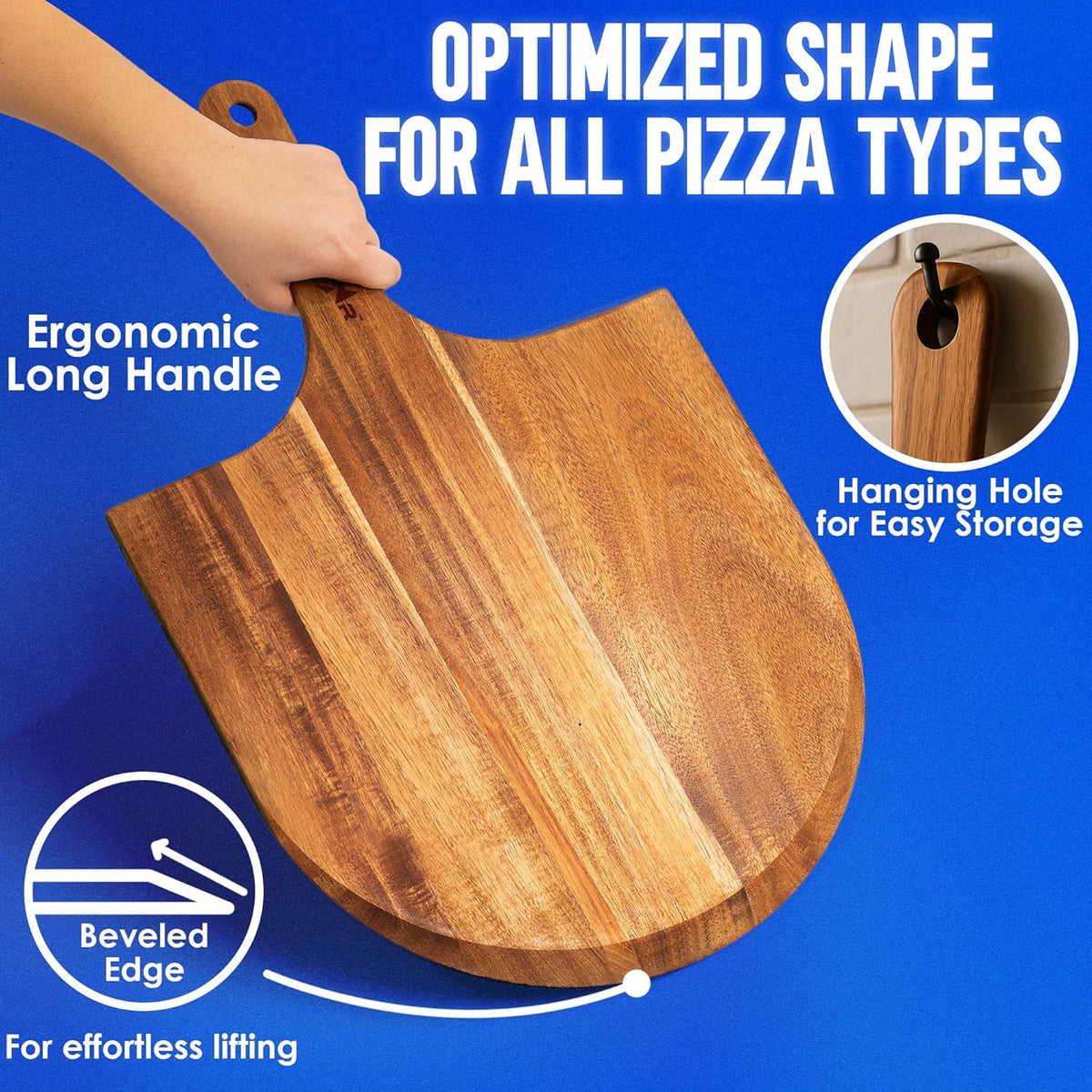 14-Inch Acacia Wood Pizza Peel – Large Wooden Cutting & Serving Board with Handle – Natural Oil Finish – Ideal Pizza Oven Accessory for Easy Sliding & Prep
