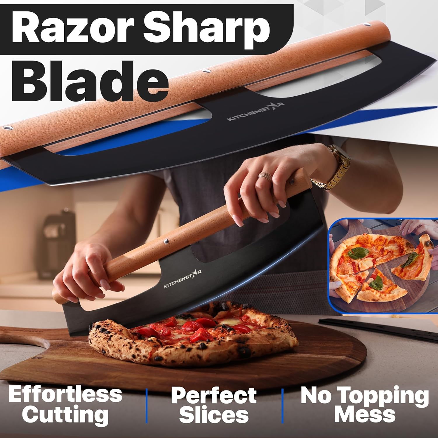 14" Pizza Cutter Rocker by KitchenStar - Razor Sharp Stainless Steel Slicer Knife w Wooden Handle & Blade Cover, Black - Premium Pizza Oven Accessories