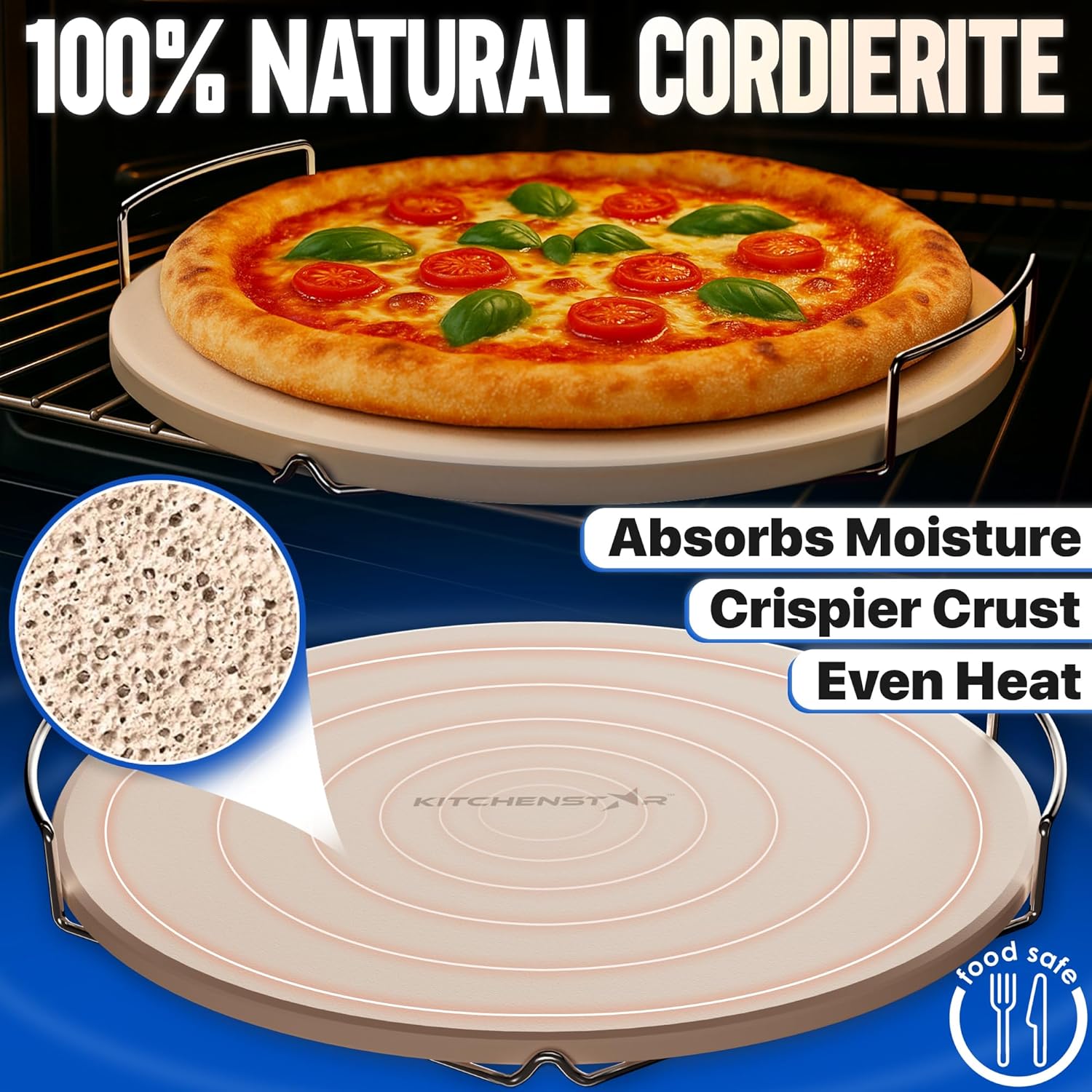 Pizza Stone for Oven and Grill 14 inch - Cordierite Baking Stone Set with Stainless Steel Rack and Plastic Scraper - Durable and High-Quality Ceramic Pizza Stones for Grill and Oven