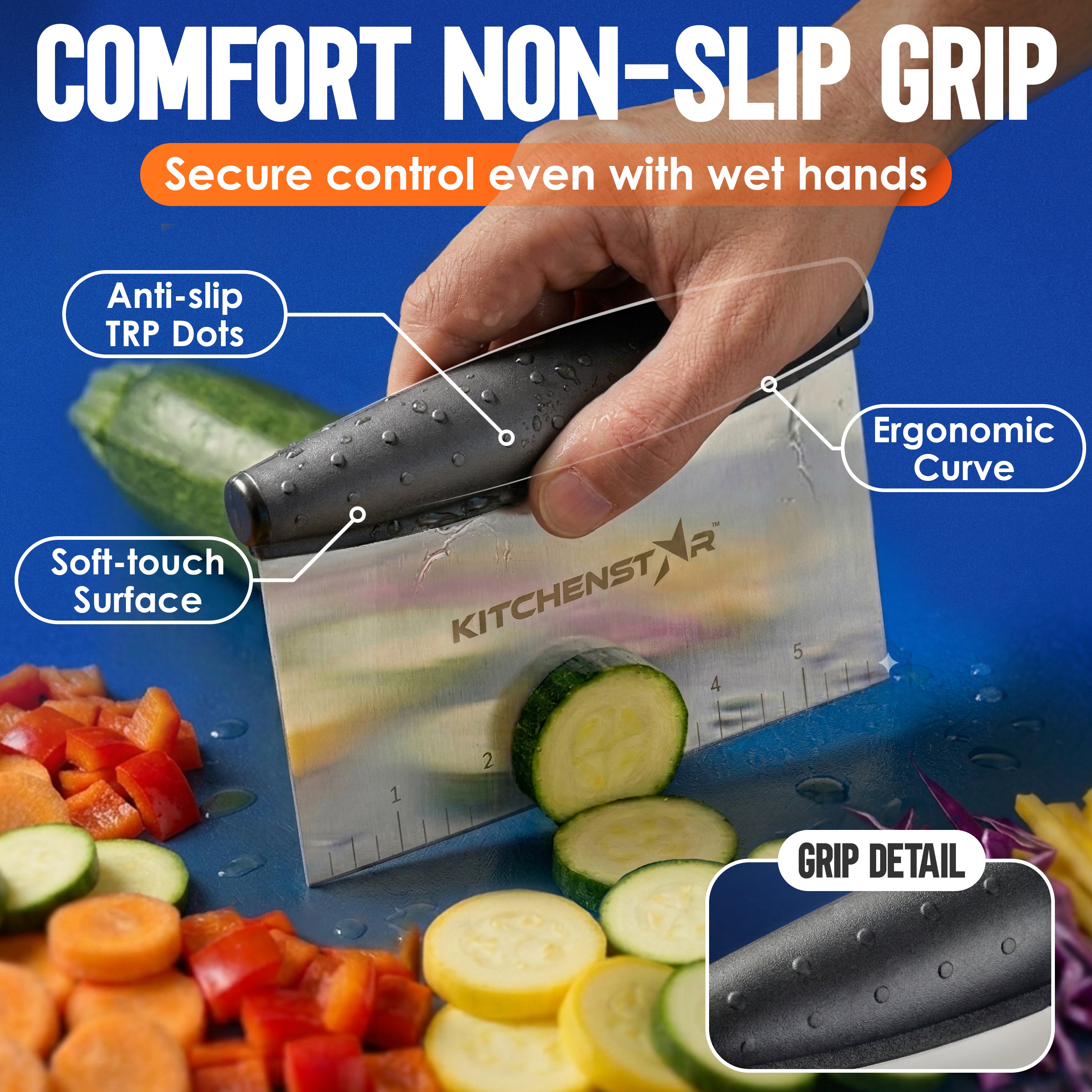 KitchenStar 6-inch Bench Dough Pastry Scraper with Measurement Markings & Ergonomic Handle - Multipurpose Sharp Cutter Tool for Bread, Pizza & Vegetables - Stainless Steel Bench Knife, Dishwasher Safe
