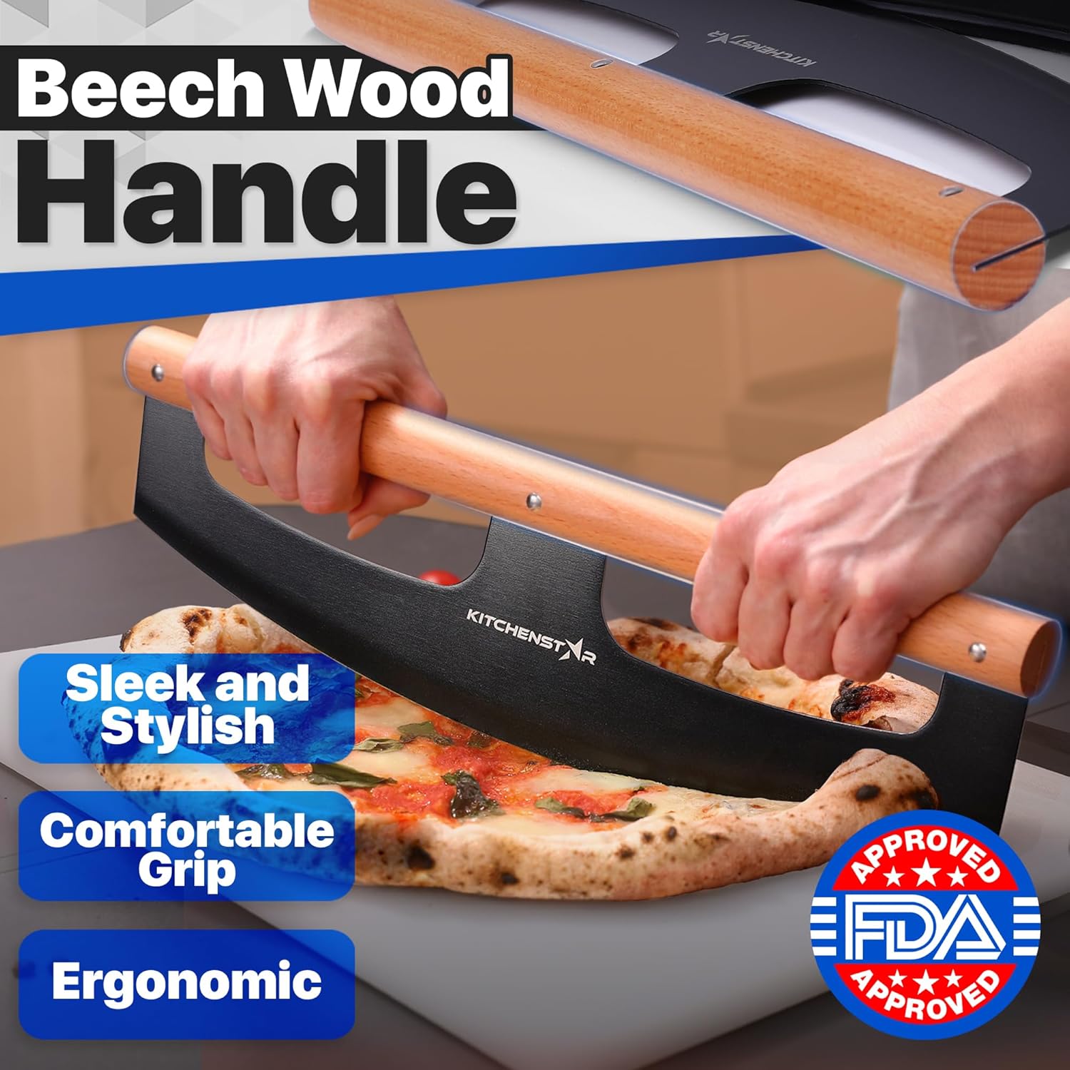 14" Pizza Cutter Rocker by KitchenStar - Razor Sharp Stainless Steel Slicer Knife w Wooden Handle & Blade Cover, Black - Premium Pizza Oven Accessories