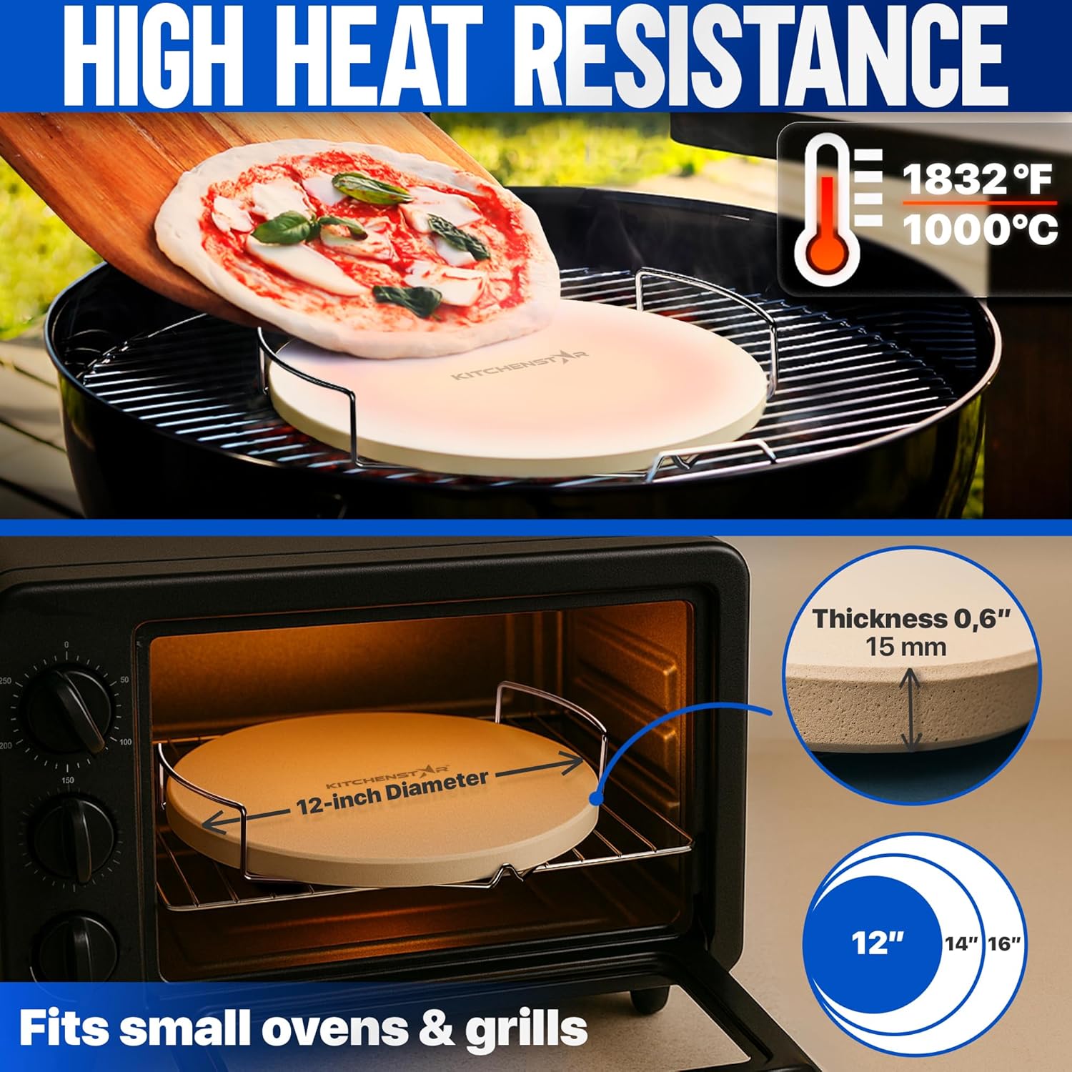 Pizza Stone for Oven and Grill 12 inch - Cordierite Baking Stone Set with Stainless Steel Rack and Plastic Scraper - Durable and High-Quality Ceramic Pizza Stones for Grill and Oven