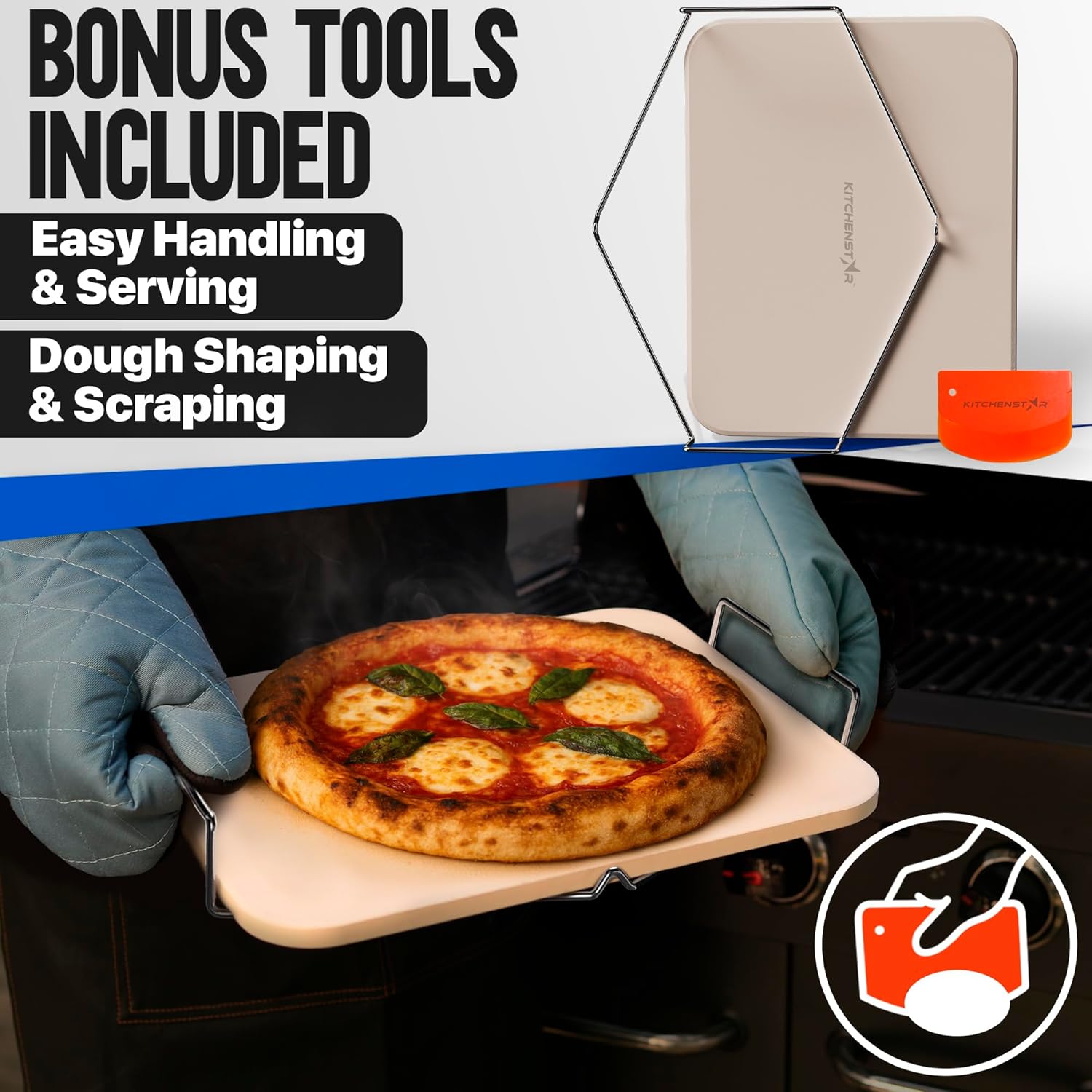 Pizza Stone for Oven and Grill 15x12 inch Square - Rectangular Cordierite Baking Stone Set with Stainless Steel Rack and Plastic Scraper - Durable and High-Quality Stone for Grilling