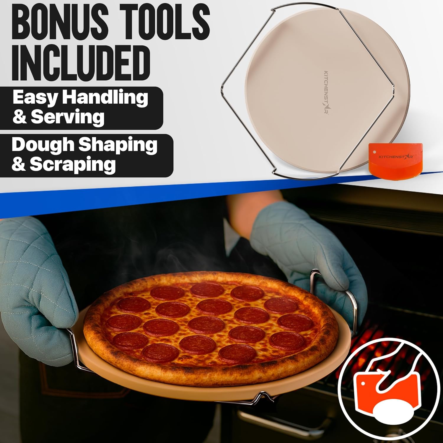 KitchenStar Pizza Stone for Oven 16 inch - Cordierite Baking Stone Set with Stainless Steel Rack and Plastic Scraper - Durable and High-Quality Ceramic Pizza Stones for Grill and Oven