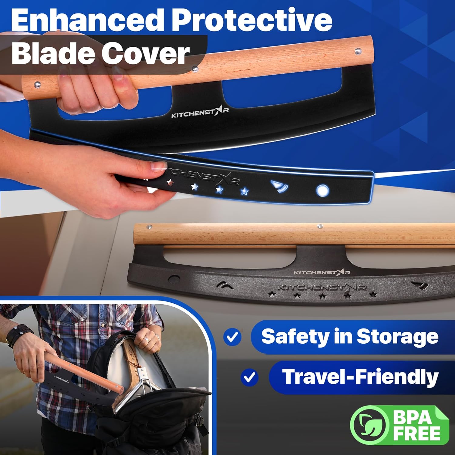 14" Pizza Cutter Rocker by KitchenStar - Razor Sharp Stainless Steel Slicer Knife w Wooden Handle & Blade Cover, Black - Premium Pizza Oven Accessories