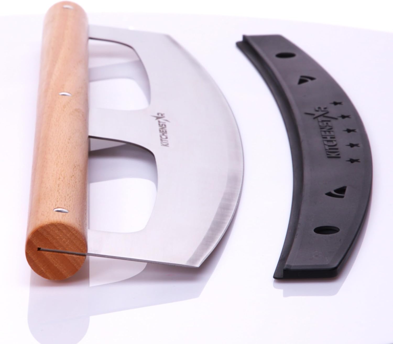 KitchenStar 16" Pizza Cutter Rocker Razor Sharp Stainless Steel Slicer Knife w Wooden Handle & Blade Cover, Silver - Premium Pizza Oven Accessories