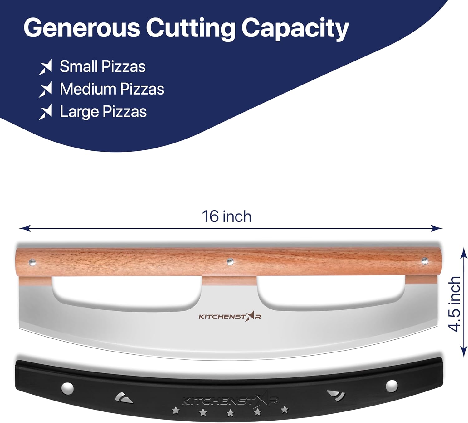 KitchenStar 16" Pizza Cutter Rocker Razor Sharp Stainless Steel Slicer Knife w Wooden Handle & Blade Cover, Silver - Premium Pizza Oven Accessories