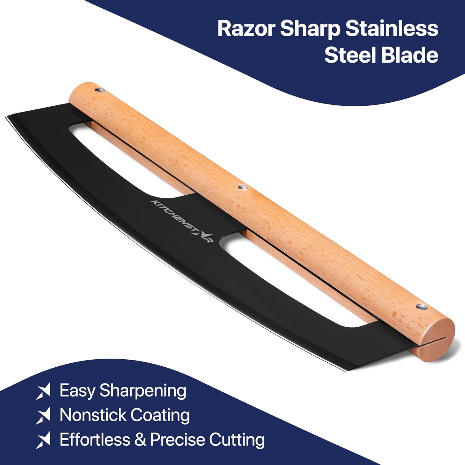 14" Pizza Cutter Rocker by KitchenStar - Razor Sharp Stainless Steel Slicer Knife w Wooden Handle & Blade Cover, Black - Premium Pizza Oven Accessories