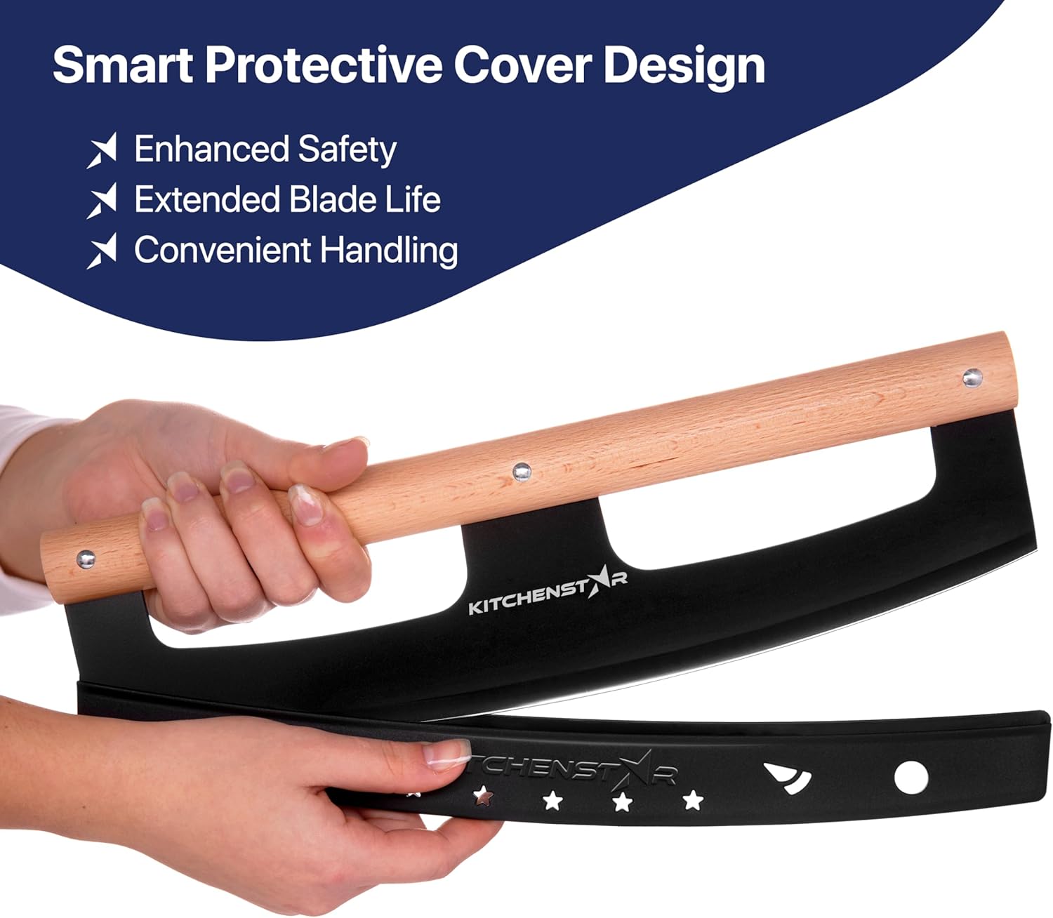 14" Pizza Cutter Rocker by KitchenStar - Razor Sharp Stainless Steel Slicer Knife w Wooden Handle & Blade Cover, Black - Premium Pizza Oven Accessories