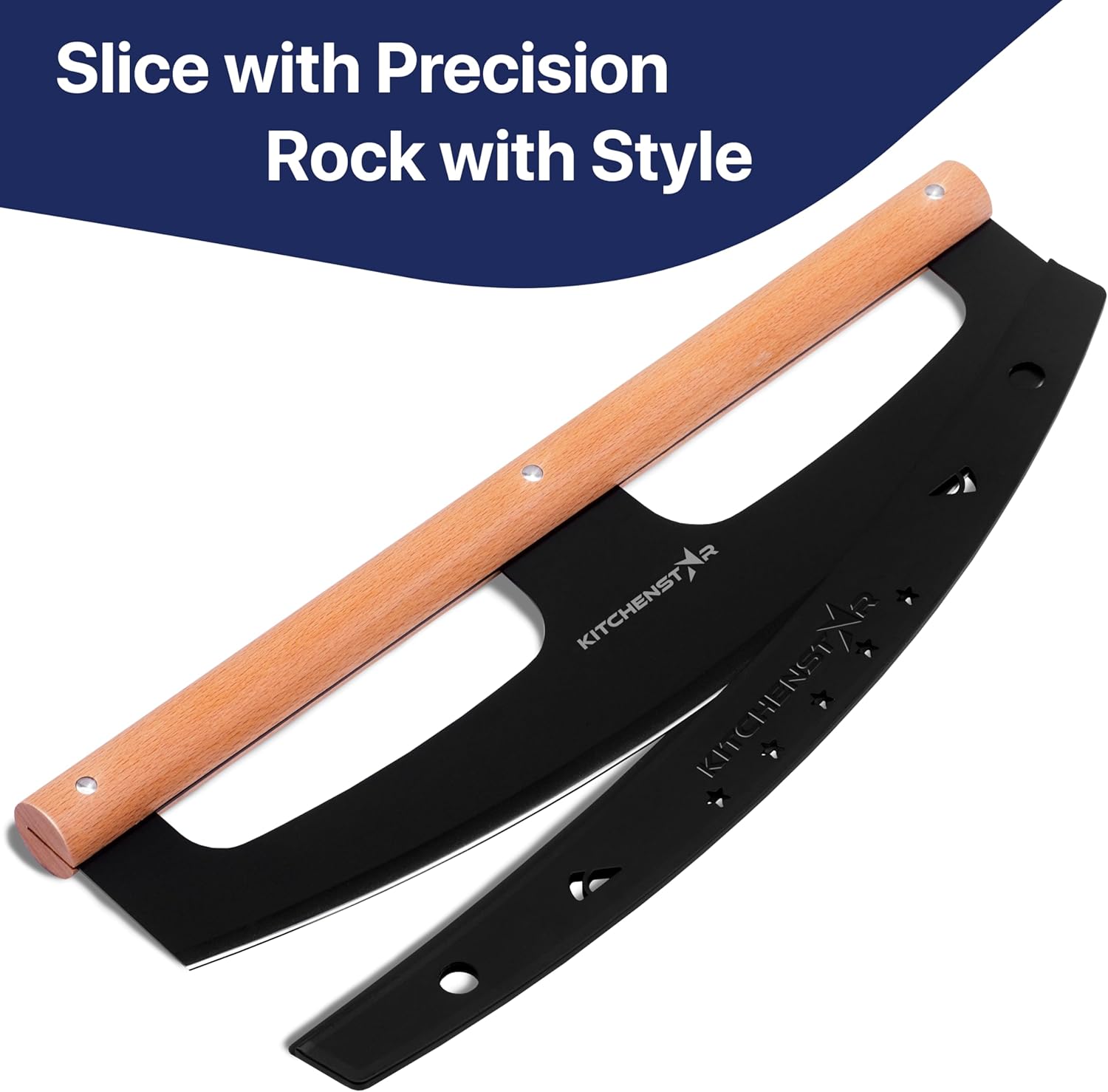 16" Pizza Cutter Rocker by KitchenStar - Razor Sharp Stainless Steel Slicer Knife w Wooden Handle & Blade Cover, Black - Premium Pizza Oven Accessories
