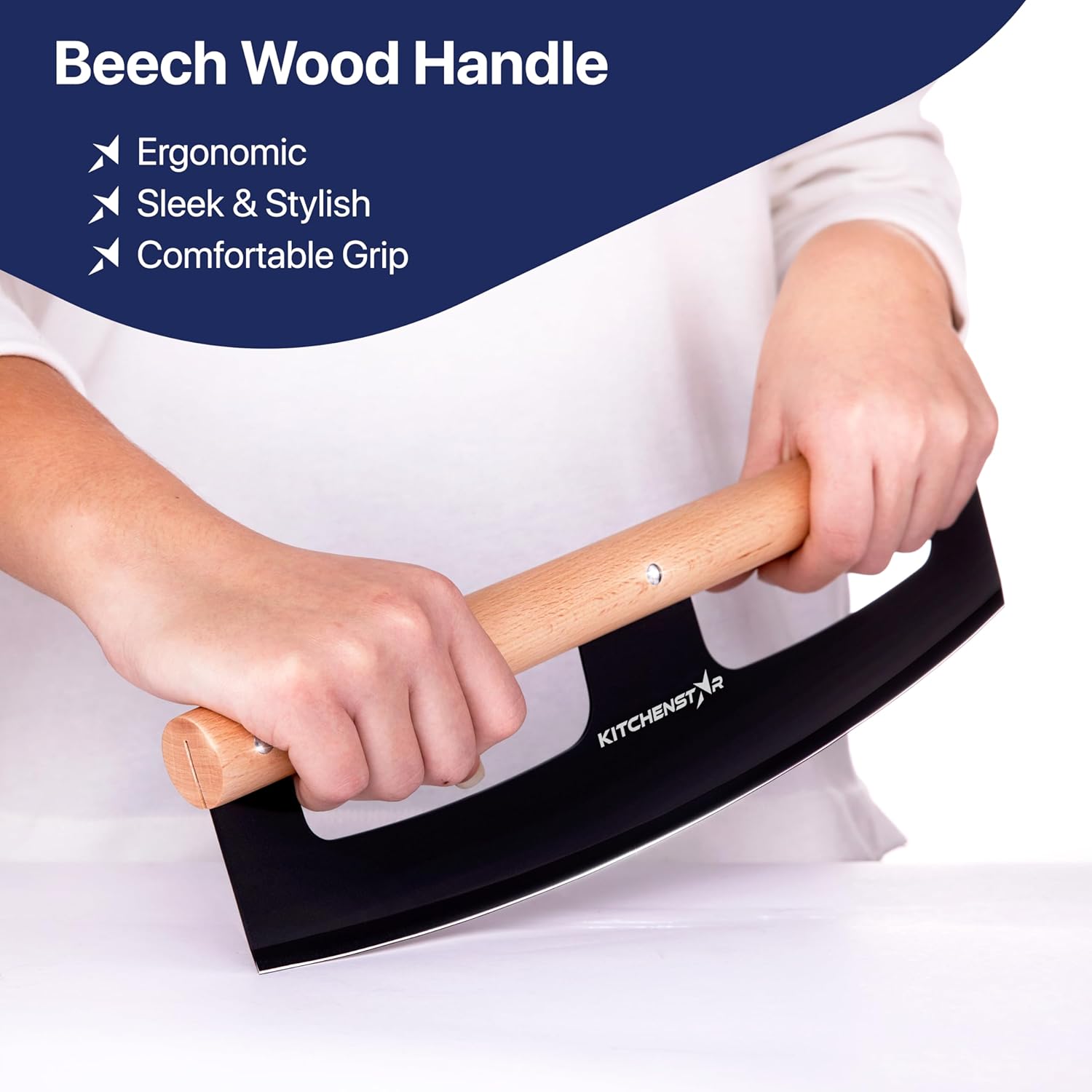 14" Pizza Cutter Rocker by KitchenStar - Razor Sharp Stainless Steel Slicer Knife w Wooden Handle & Blade Cover, Black - Premium Pizza Oven Accessories