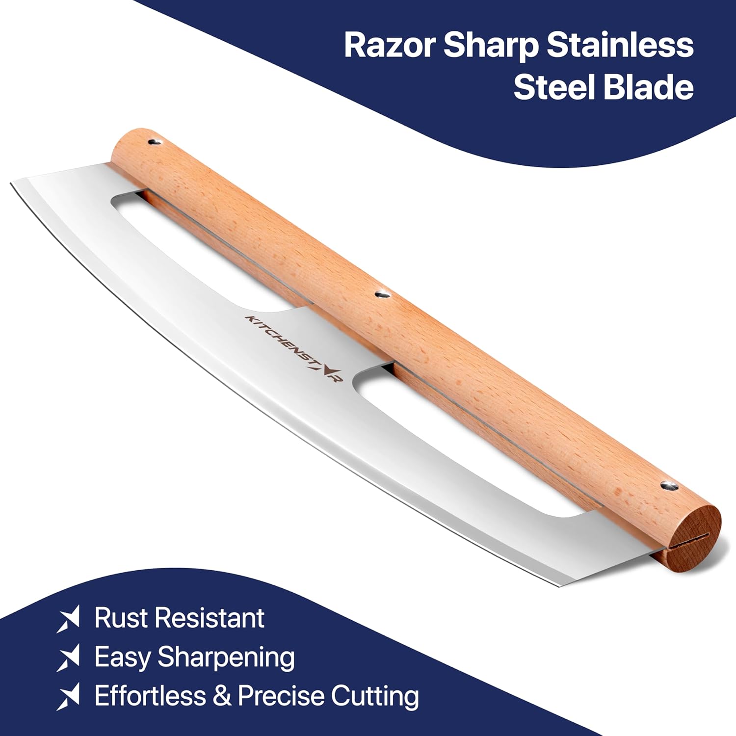 14" Pizza Cutter Rocker by KitchenStar - Razor Sharp Stainless Steel Slicer Knife w Wooden Handle & Blade Cover, Silver - Premium Pizza Oven Accessories