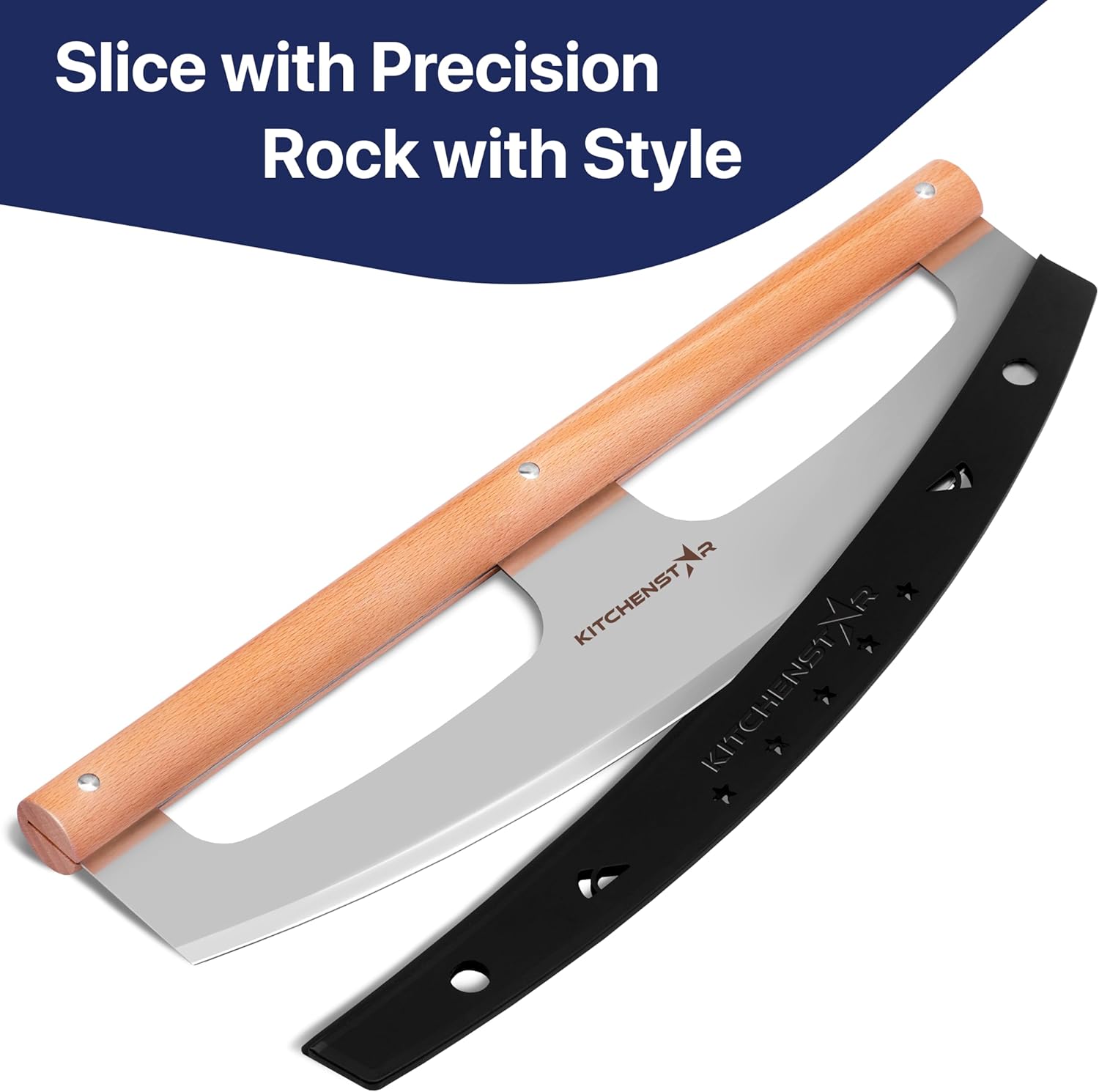 KitchenStar 16" Pizza Cutter Rocker Razor Sharp Stainless Steel Slicer Knife w Wooden Handle & Blade Cover, Silver - Premium Pizza Oven Accessories