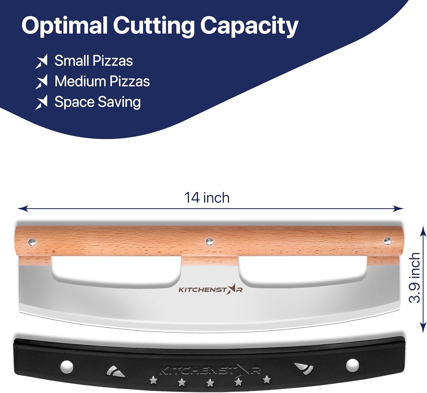 14" Pizza Cutter Rocker by KitchenStar - Razor Sharp Stainless Steel Slicer Knife w Wooden Handle & Blade Cover, Silver - Premium Pizza Oven Accessories
