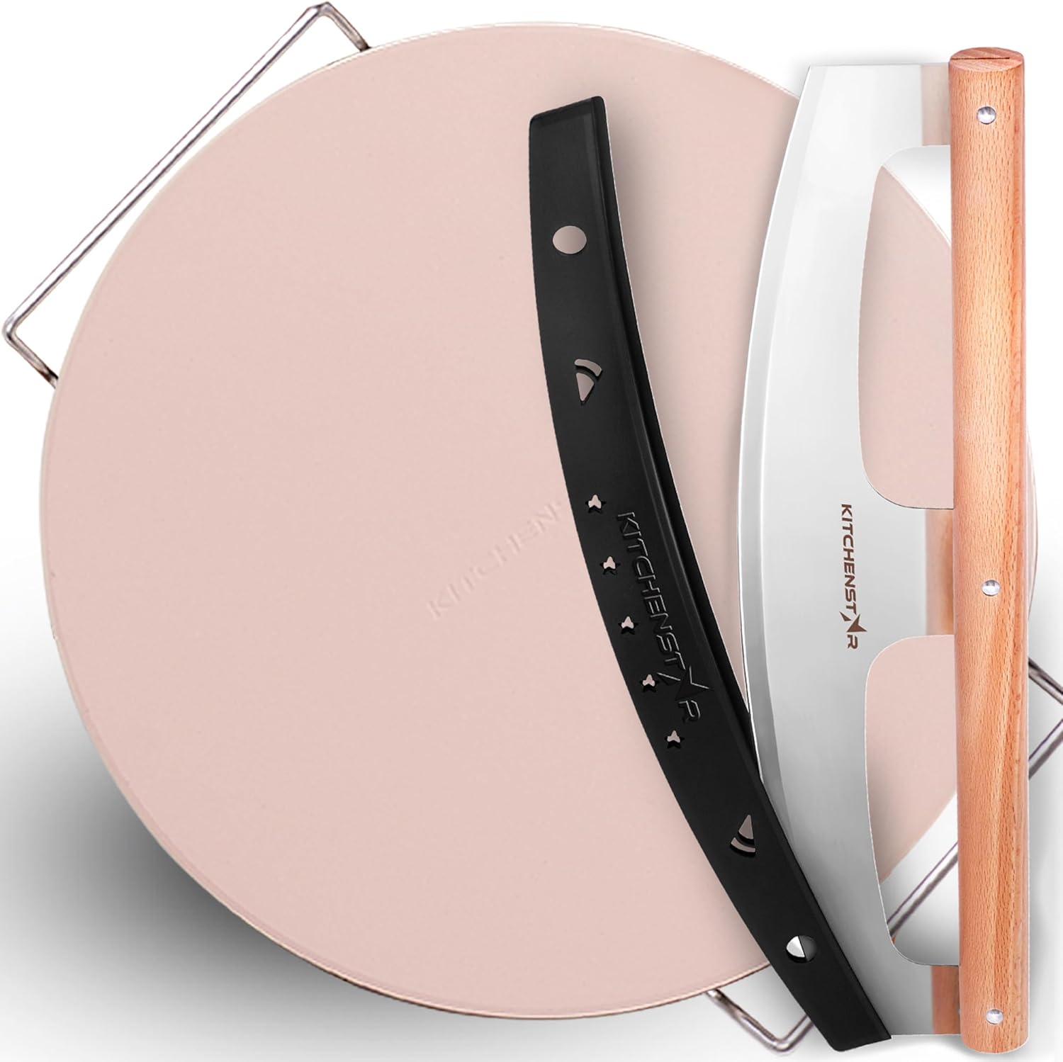 KitchenStar Pizza Cutter Rocker Blade 16" + Pizza Stone for Oven and Grill 16" with Handles - Pizza Making Bundle