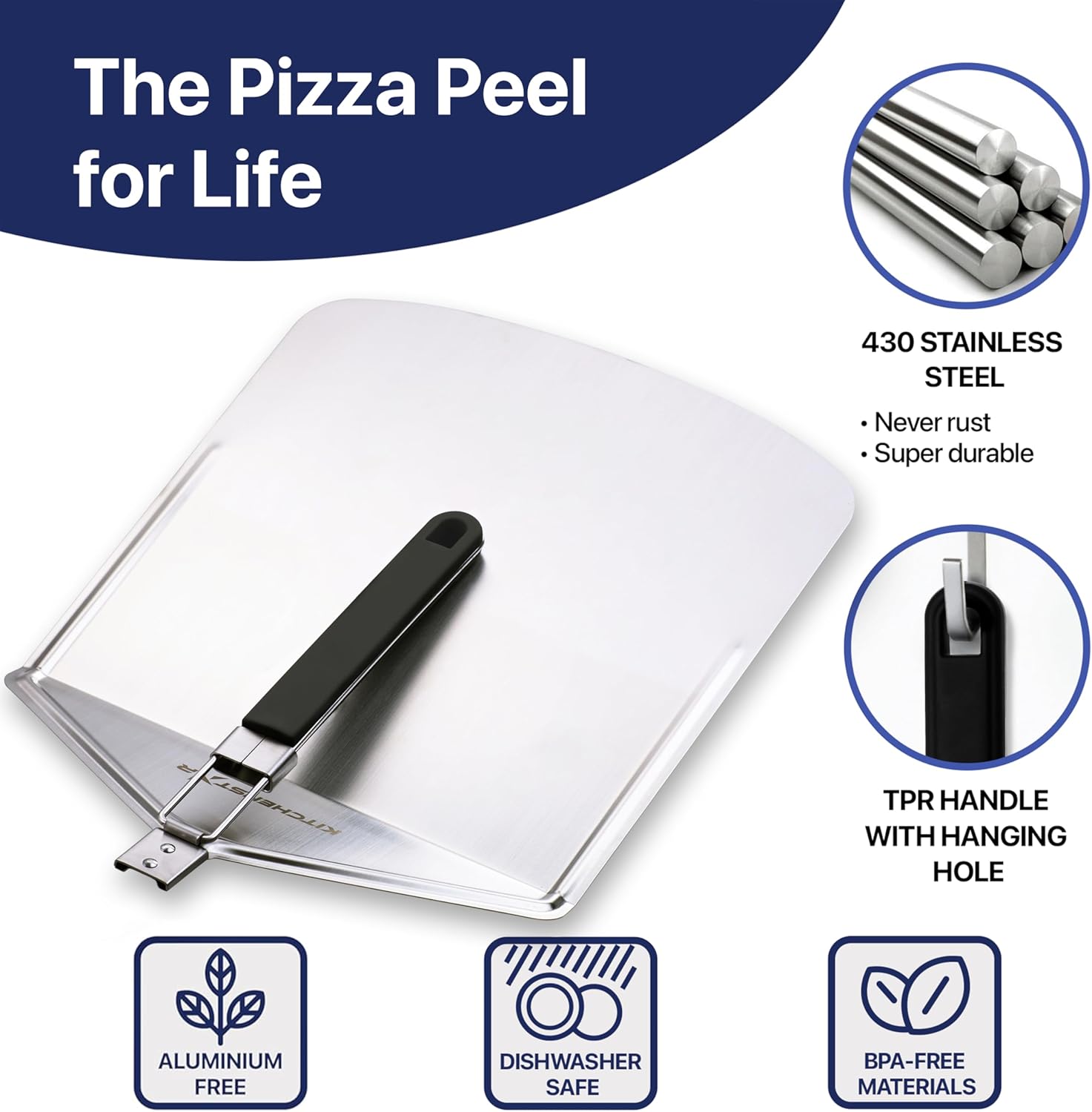 KitchenStar 14" Pizza Peel with Long Folding Handle - Stainless Steel Spatula Paddle for Effortless Pizza Transfer & Easy Storrage - Outdoor Pizza Oven Accessories