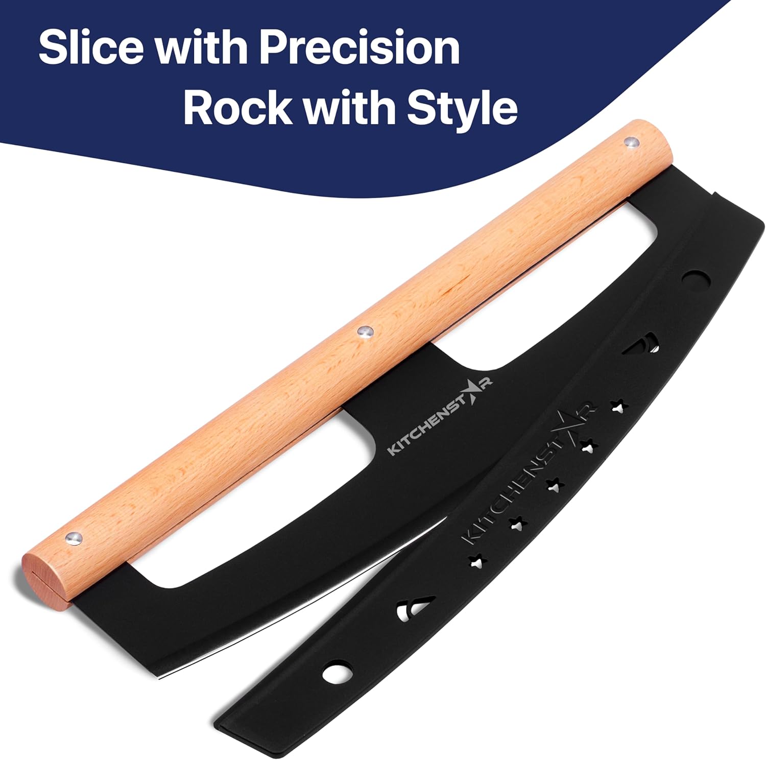 14" Pizza Cutter Rocker by KitchenStar - Razor Sharp Stainless Steel Slicer Knife w Wooden Handle & Blade Cover, Black - Premium Pizza Oven Accessories