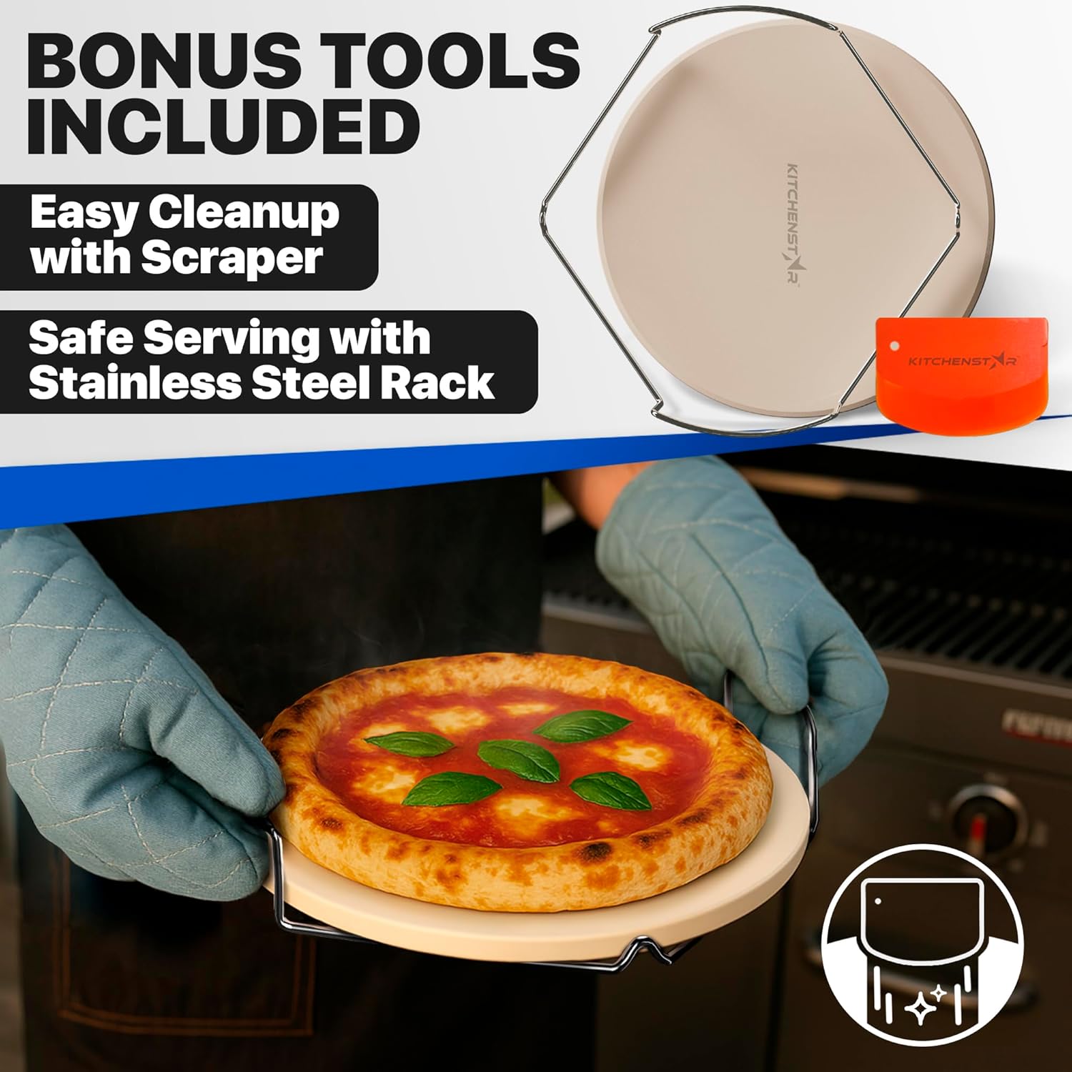 KitchenStar Stainless Steel Pizza Peel 12" with 10" Folding Handle + Pizza Cutter Rocker Blade 12" + Pizza Stone for Oven & BBQ Grill 12" with Handles - Pizza Making Bundle