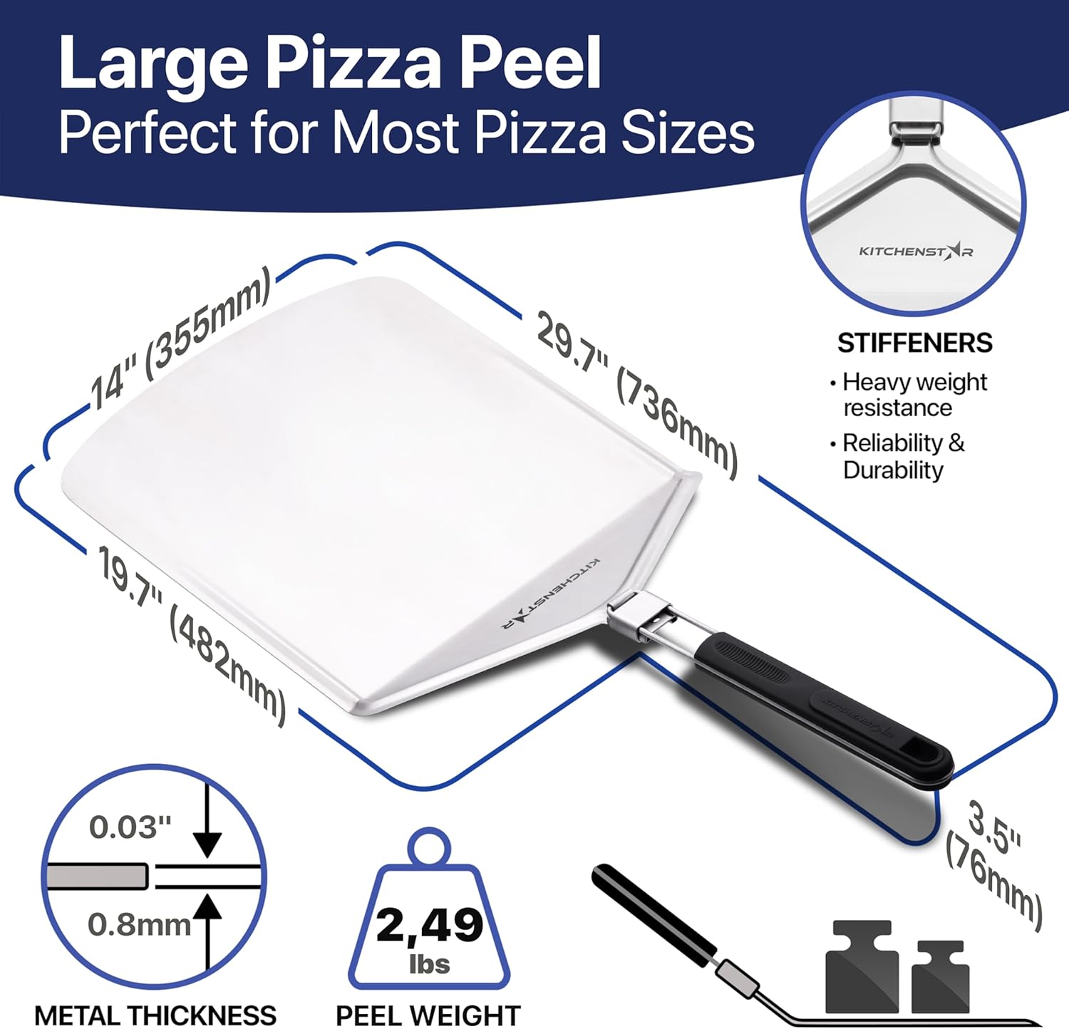 KitchenStar 14" Pizza Peel with Long Folding Handle - Stainless Steel Spatula Paddle for Effortless Pizza Transfer & Easy Storrage - Outdoor Pizza Oven Accessories