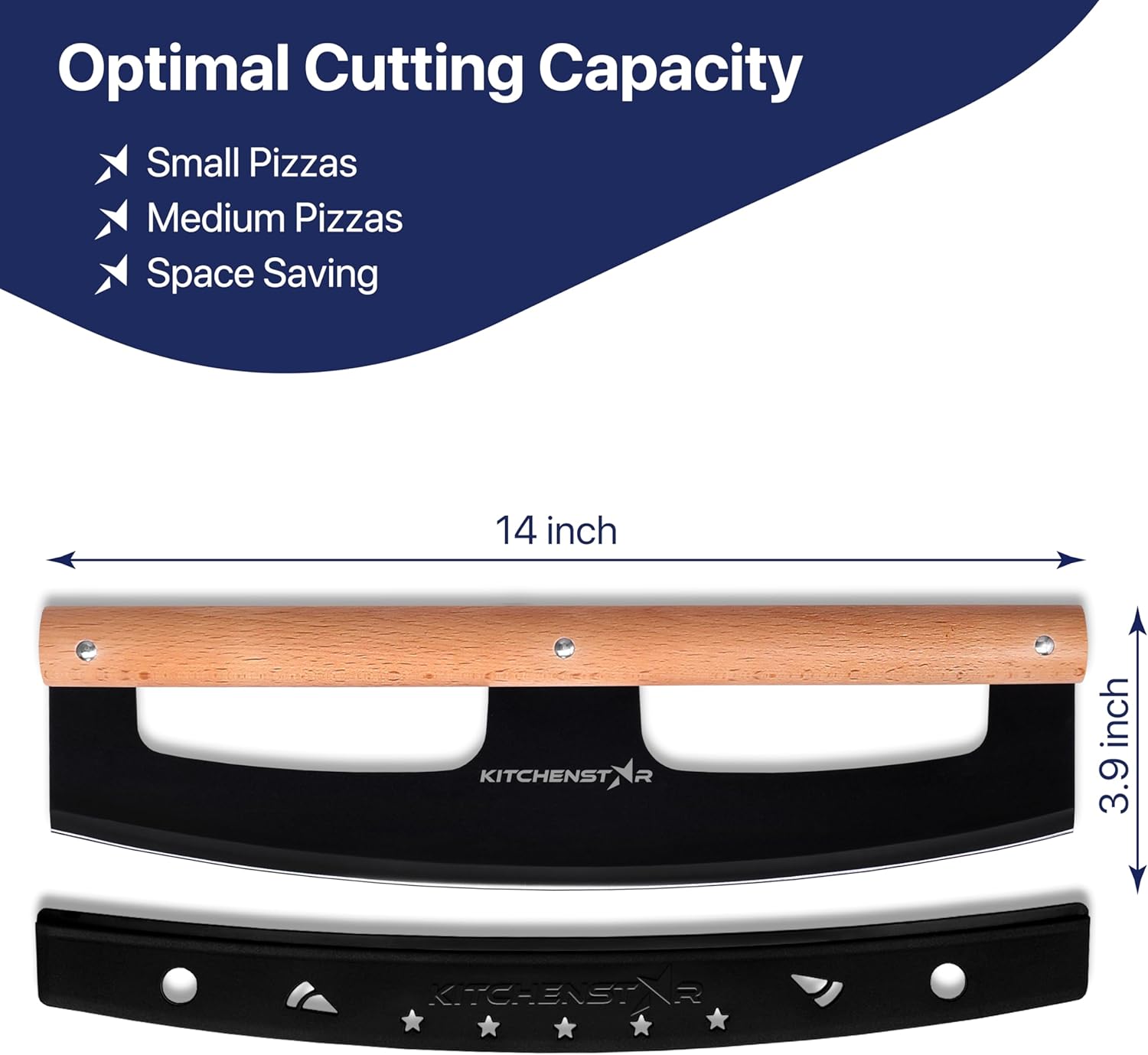 14" Pizza Cutter Rocker by KitchenStar - Razor Sharp Stainless Steel Slicer Knife w Wooden Handle & Blade Cover, Black - Premium Pizza Oven Accessories