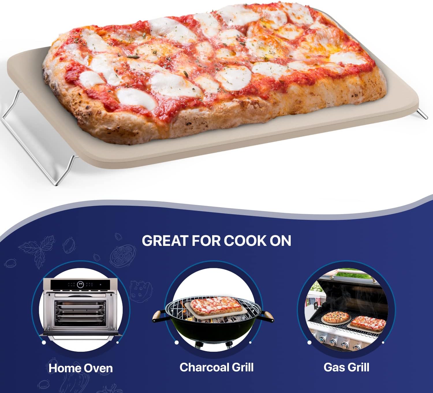Pizza Stone for Oven and Grill 15x12 inch Square - Rectangular Cordierite Baking Stone Set with Stainless Steel Rack and Plastic Scraper - Durable and High-Quality Stone for Grilling