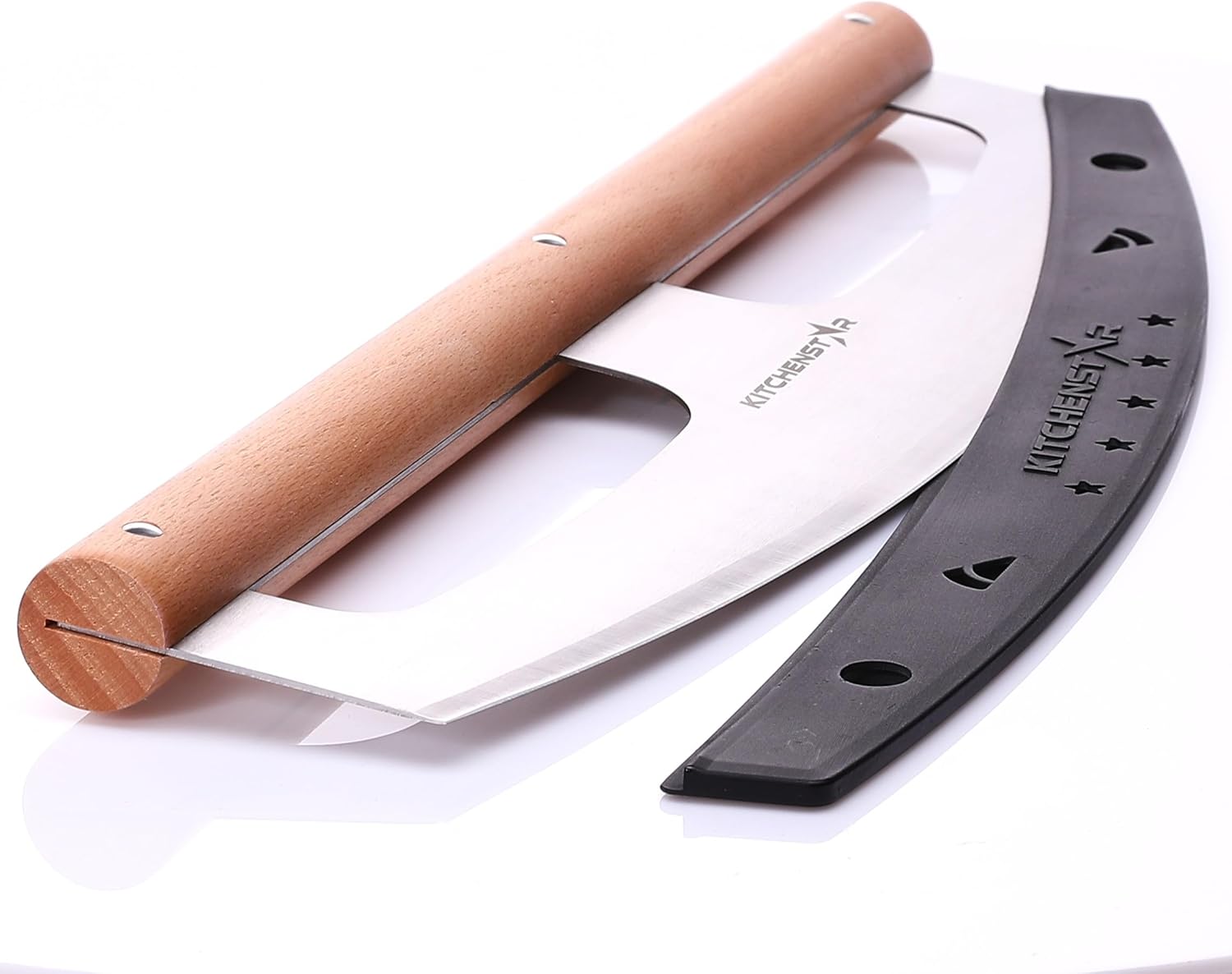 KitchenStar 16" Pizza Cutter Rocker Razor Sharp Stainless Steel Slicer Knife w Wooden Handle & Blade Cover, Silver - Premium Pizza Oven Accessories
