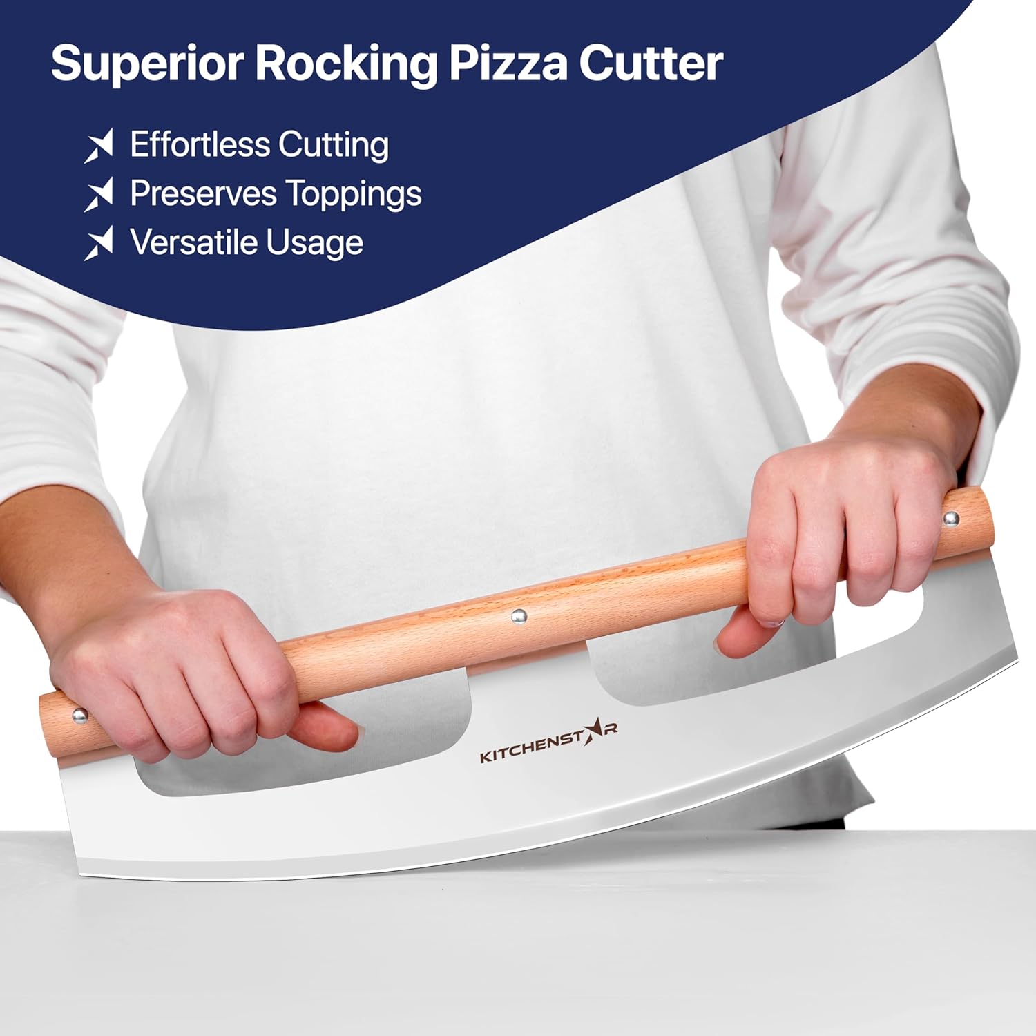 KitchenStar 16" Pizza Cutter Rocker Razor Sharp Stainless Steel Slicer Knife w Wooden Handle & Blade Cover, Silver - Premium Pizza Oven Accessories