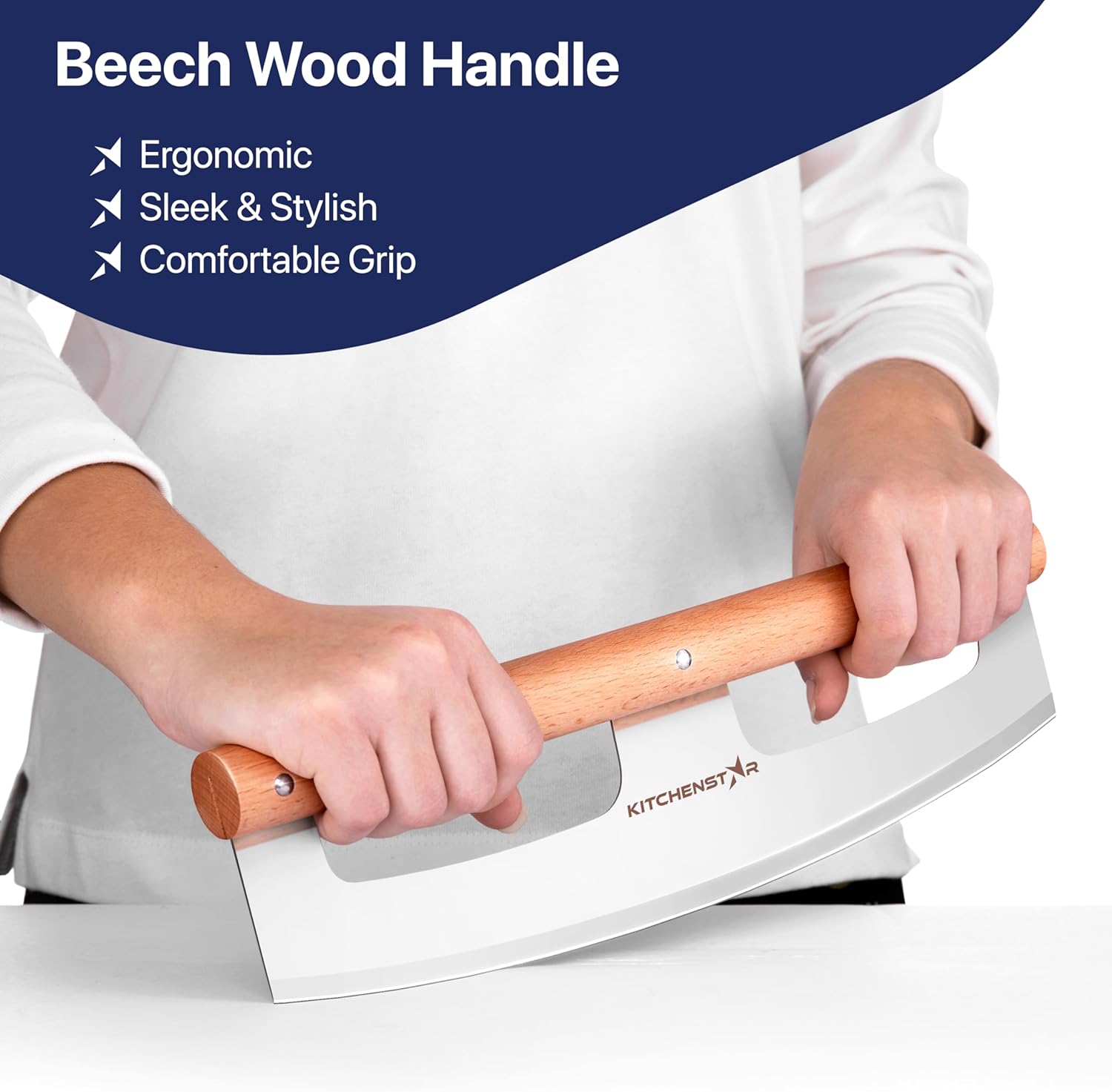 14" Pizza Cutter Rocker by KitchenStar - Razor Sharp Stainless Steel Slicer Knife w Wooden Handle & Blade Cover, Silver - Premium Pizza Oven Accessories