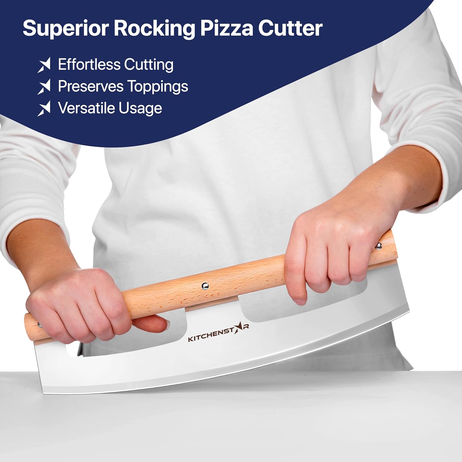 14" Pizza Cutter Rocker by KitchenStar - Razor Sharp Stainless Steel Slicer Knife w Wooden Handle & Blade Cover, Silver - Premium Pizza Oven Accessories