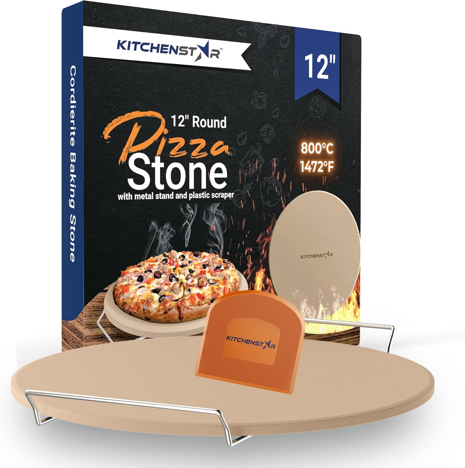 KitchenStar Pizza Stone for Oven and Grill 12 inch + Pizza Cutter Rocker 12" Black - Pizza Making Set Bundle - Premium Pizza Oven Accessories and Tools