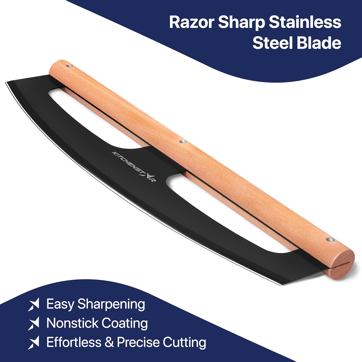 16" Pizza Cutter Rocker by KitchenStar - Razor Sharp Stainless Steel Slicer Knife w Wooden Handle & Blade Cover, Black - Premium Pizza Oven Accessories