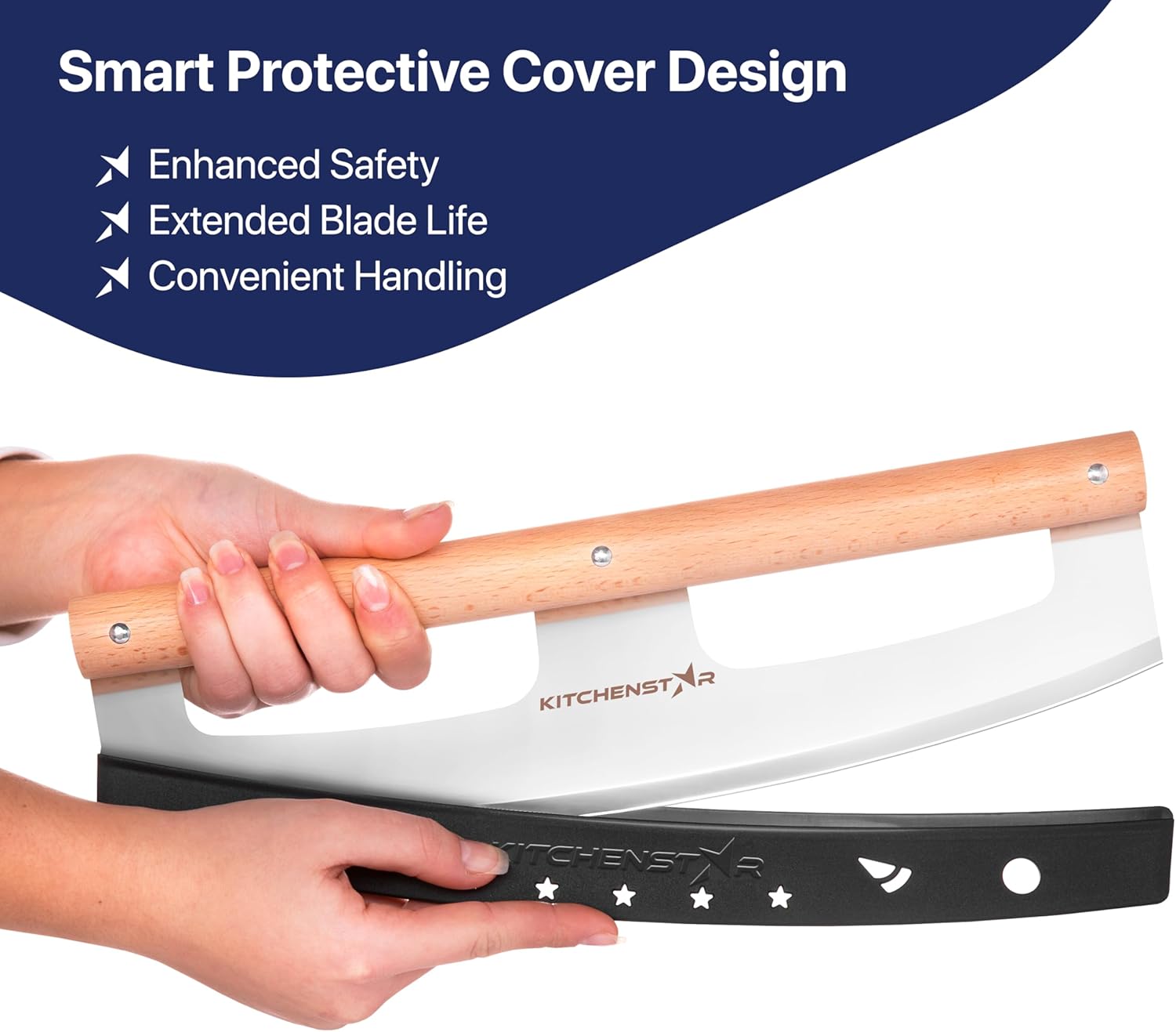 14" Pizza Cutter Rocker by KitchenStar - Razor Sharp Stainless Steel Slicer Knife w Wooden Handle & Blade Cover, Silver - Premium Pizza Oven Accessories