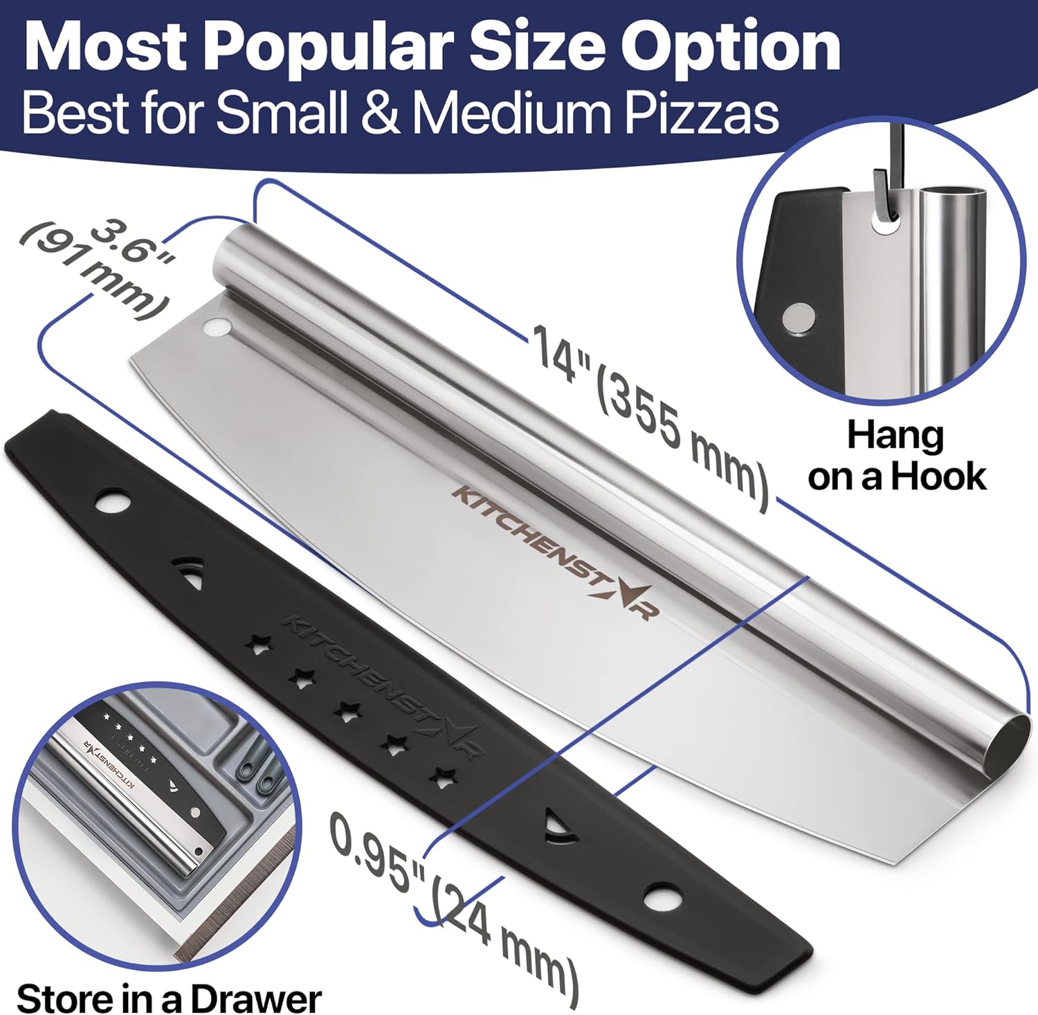 14” Pizza Cutter by KitchenStar | Sharp Stainless Steel Slicer Knife - Rocker Style w Blade Cover | Chop and Slices Perfect Portions + Dishwasher Safe – Premium Pizza Oven Accessories