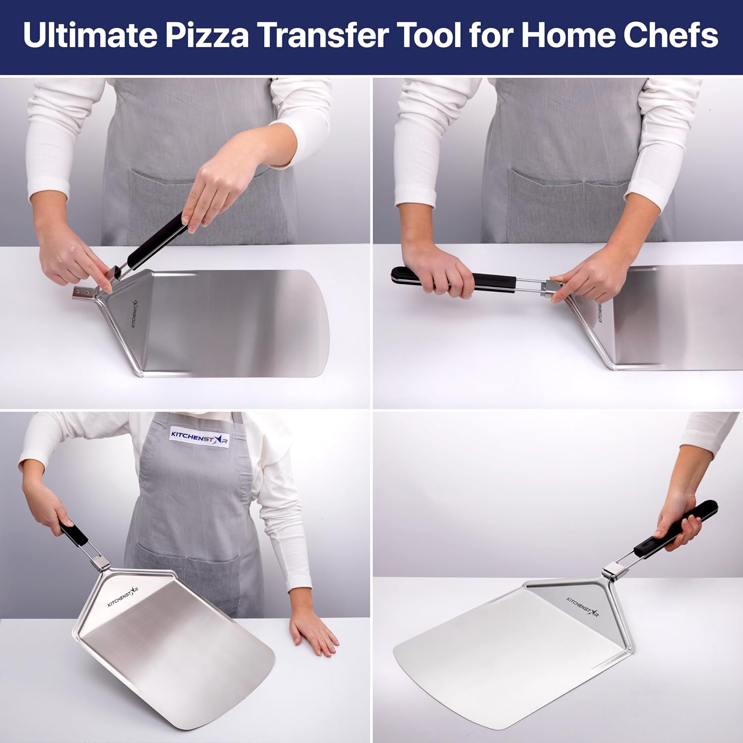 KitchenStar Stainless Steel Pizza Peel 12" with 10" Folding Handle + Pizza Cutter Rocker Blade 12" + Pizza Stone for Oven & BBQ Grill 12" with Handles - Pizza Making Bundle