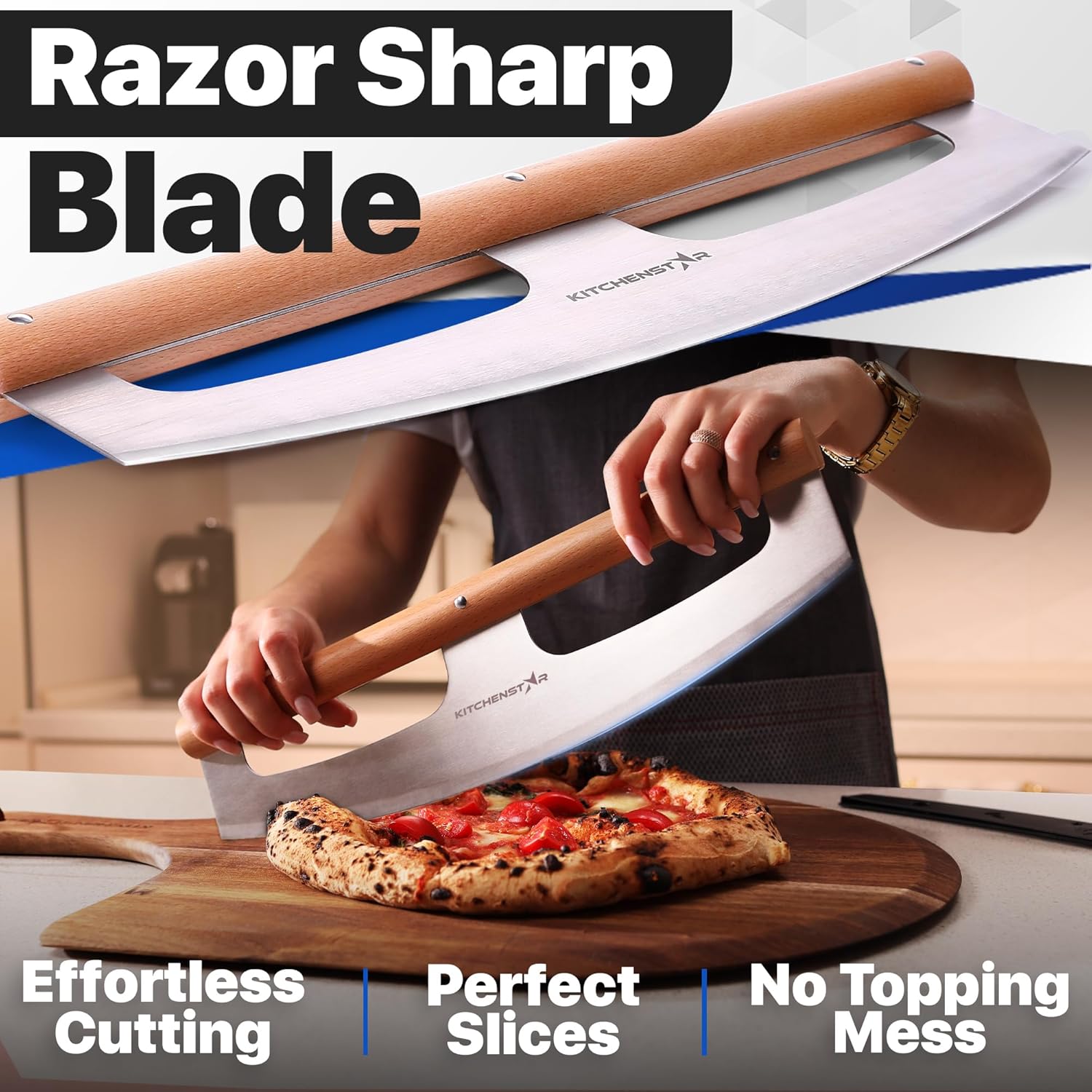KitchenStar Pizza Cutter Rocker Blade 16" + Pizza Stone for Oven and Grill 16" with Handles - Pizza Making Bundle