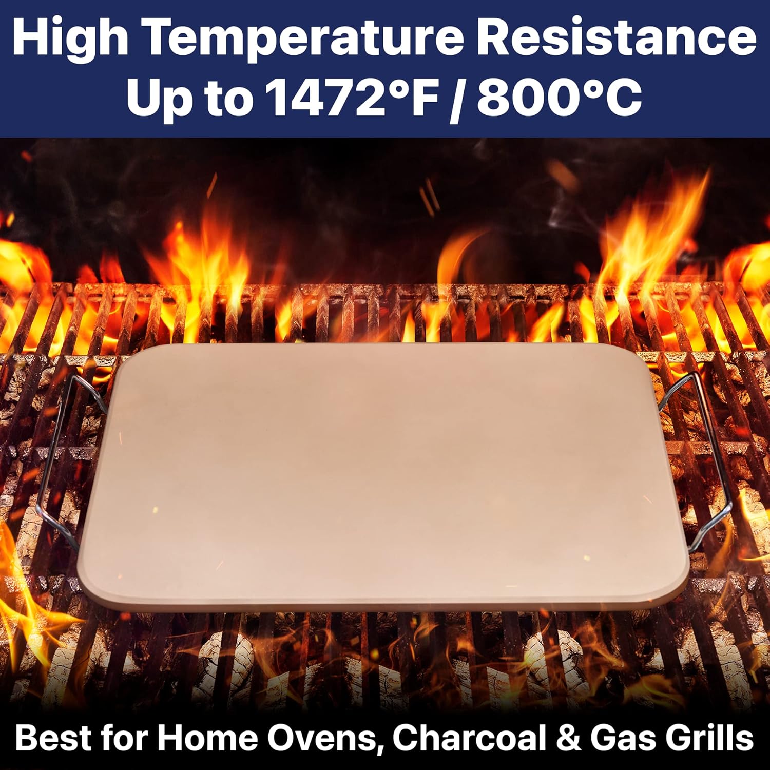 Pizza Stone for Oven and Grill 15x12 inch Square - Rectangular Cordierite Baking Stone Set with Stainless Steel Rack and Plastic Scraper - Durable and High-Quality Stone for Grilling