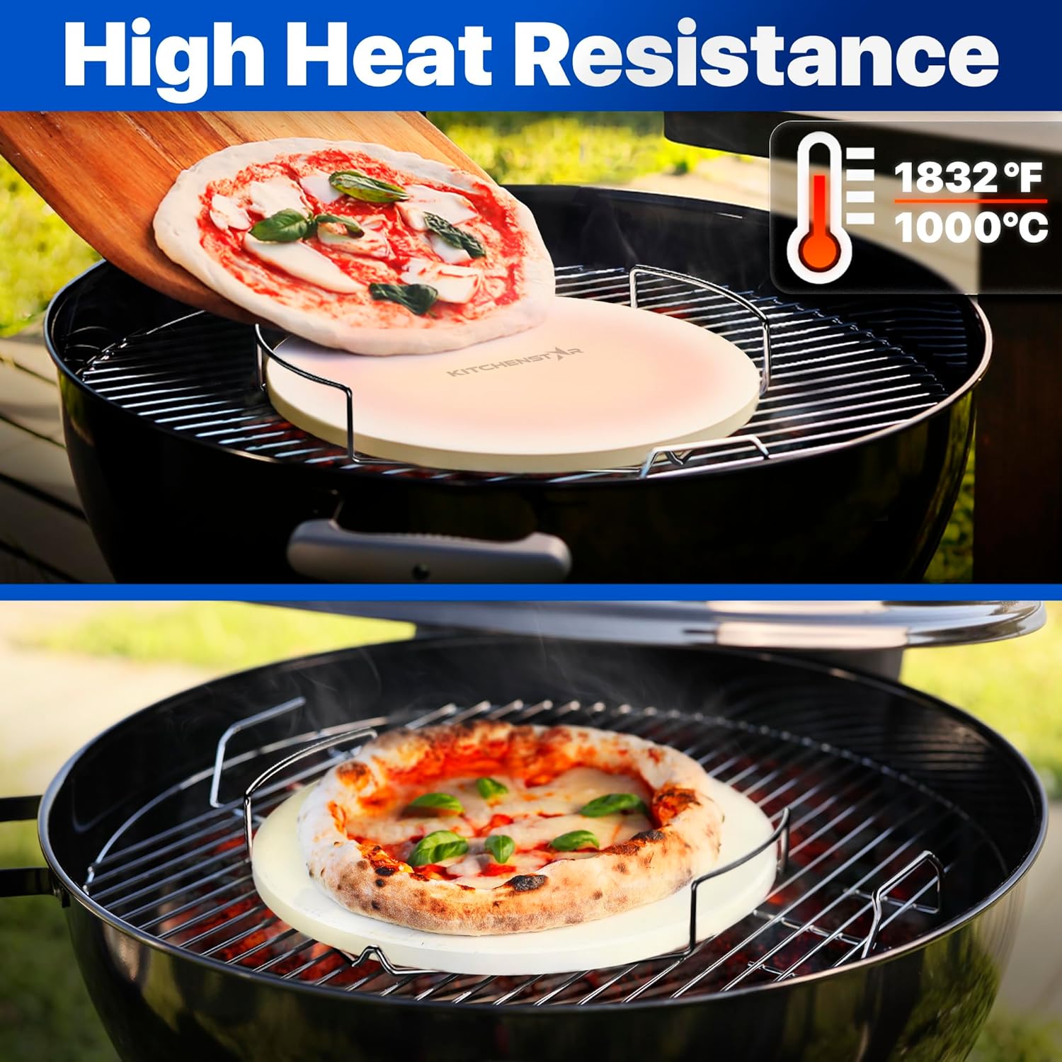 KitchenStar Stainless Steel Pizza Peel 12" with 10" Folding Handle + Pizza Cutter Rocker Blade 12" + Pizza Stone for Oven & BBQ Grill 12" with Handles - Pizza Making Bundle