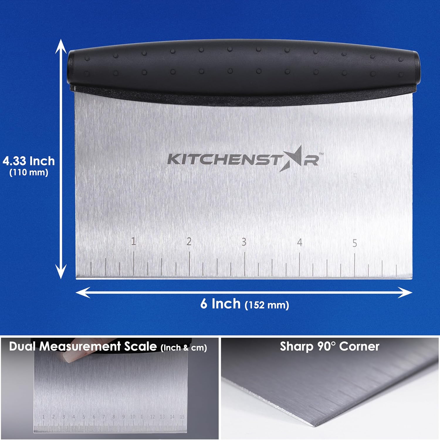 KitchenStar 6-inch Bench Dough Pastry Scraper with Measurement Markings & Ergonomic Handle - Multipurpose Sharp Cutter Tool for Bread, Pizza & Vegetables - Stainless Steel Bench Knife, Dishwasher Safe