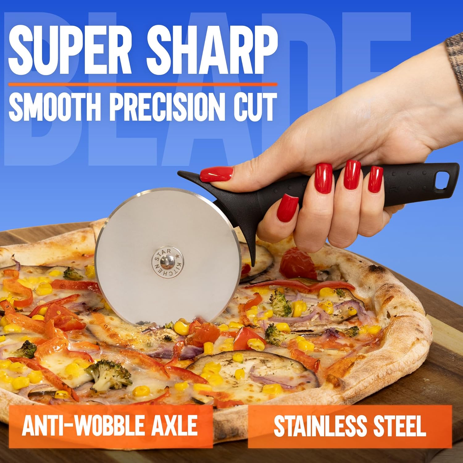 KitchenStar Pizza Cutter Wheel - 304 Stainless Steel Slicer Knife with Super Sharp Blade, Anti-Wobble Axle Mechanism, Ergonomic Non-Slip Handle & Protective Cover, Dishwasher Safe