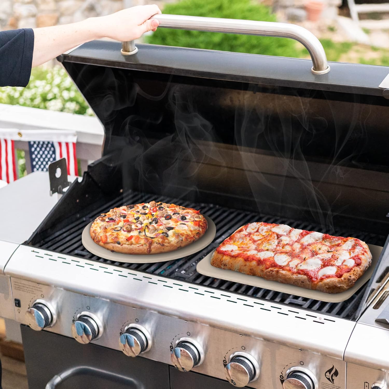 Pizza Stone for Oven and Grill 15x12 inch Square - Rectangular Cordierite Baking Stone Set with Stainless Steel Rack and Plastic Scraper - Durable and High-Quality Stone for Grilling